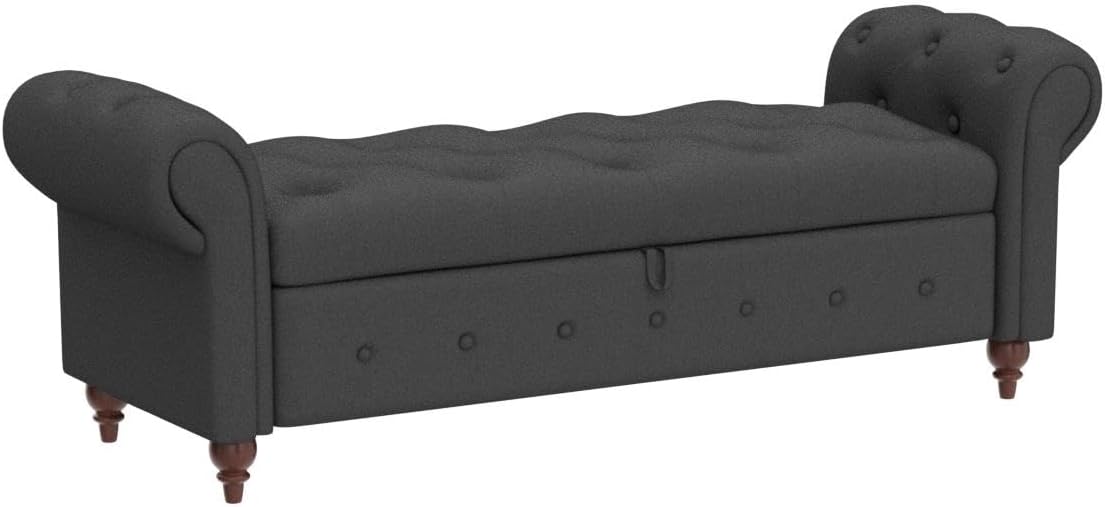 NIOIIKIT 63'' Storage Ottoman Bench, Button Tufted End of Bed Bench, Rolled Armed Ottoman Couch Long Bench for Bedroom, Living Room, End of Bed, Hallway(Grey Polyster)