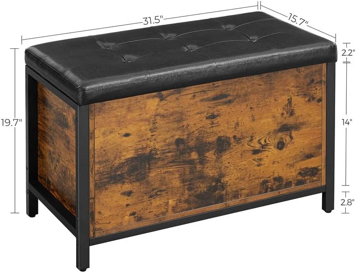 VASAGLE Entryway Storage Bench, Flip Top Storage Ottoman and Trunk with Padded Seat, Bed End Stool, Hallway Living Room Bedroom, Supports 198 lb, Industrial, Rustic Brown and Black ULSC80BX