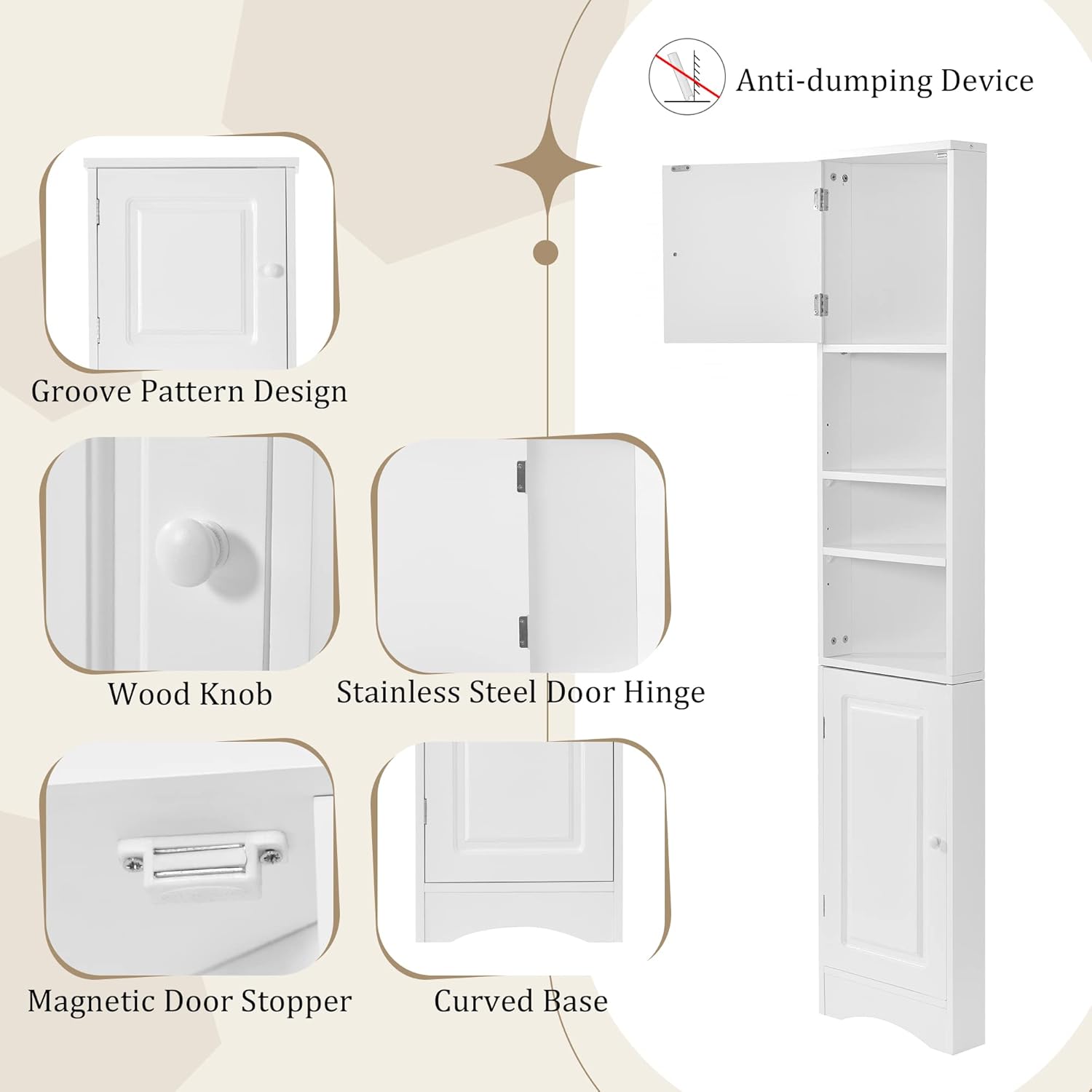 Tall Corner Cabinet for Bathroom - Narrow Space Saving Storage with Doors & Adjustable Shelves,Freestanding for Bathroom (White + Medium Density Fiberboard)