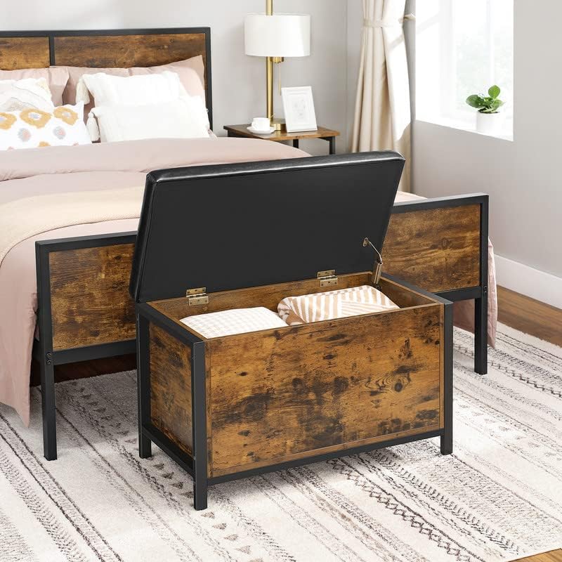 VASAGLE Entryway Storage Bench, Flip Top Storage Ottoman and Trunk with Padded Seat, Bed End Stool, Hallway Living Room Bedroom, Supports 198 lb, Industrial, Rustic Brown and Black ULSC80BX