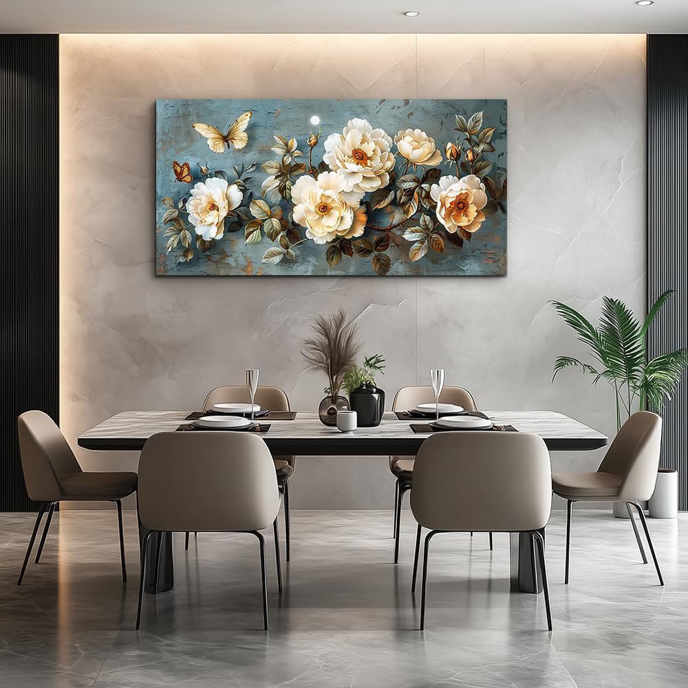 PHAOHUAXM Large Canvas Wall Art For Bedroom Wall Decorations For Living Room Office Decor Abstract Pictures White Flower Dining Room Painting Artwork Modern Framed Posters Home Decoration 24"x48"