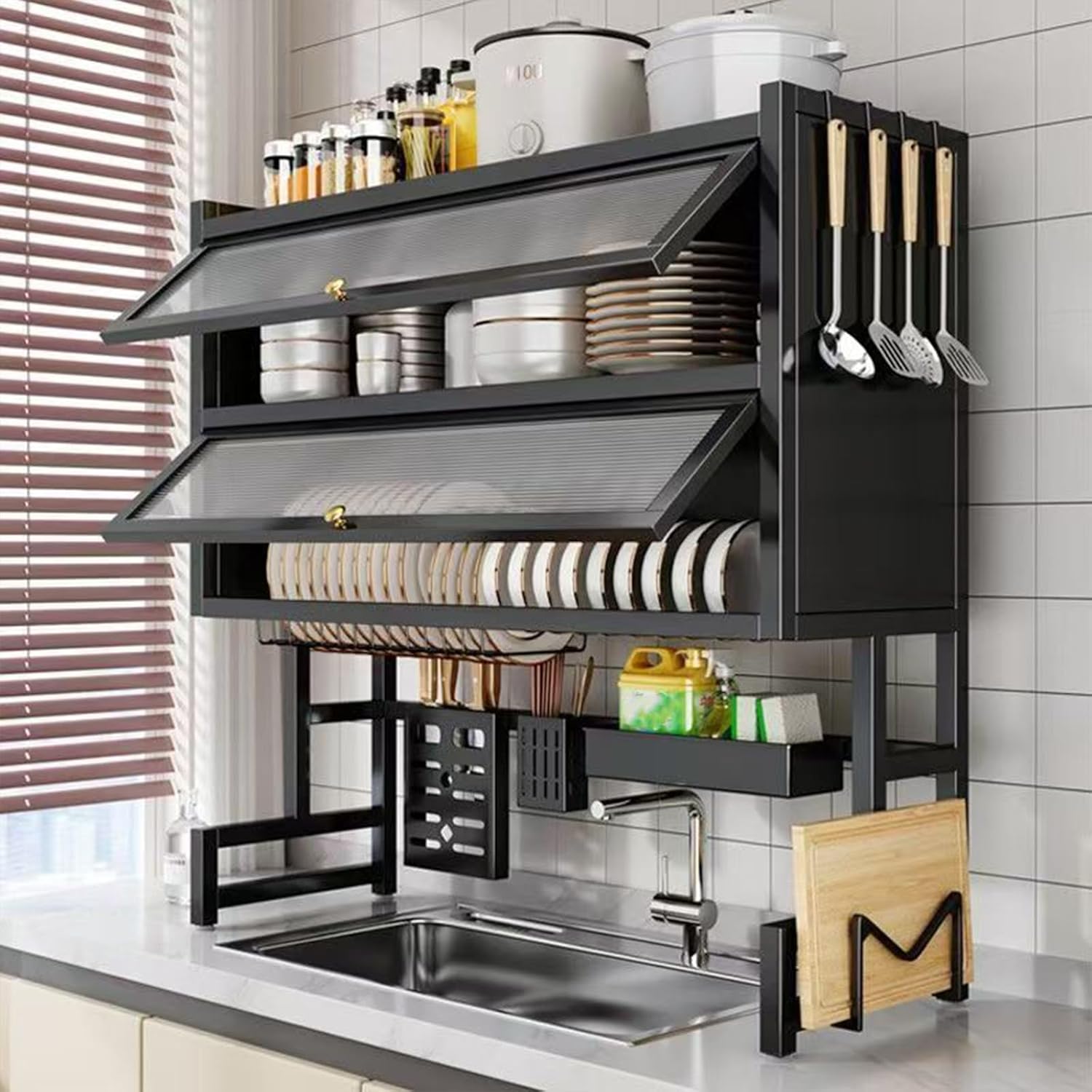 Dish Drying Rack 4 Tiers with Cover, Keep Kitchen Sink Shlef Organized Space-Saving, Large Drying Rack for Dishes, Glasses, Bowls, Cutlery black W-37.4in