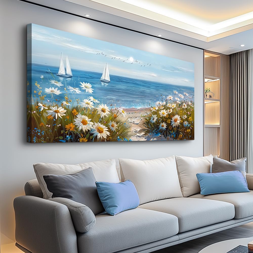 PHAOHUAXM Large Canvas Wall Art For Bedroom Wall Decorations For Living Room Office Decor Abstract Pictures White Flower Dining Room Painting Artwork Modern Framed Posters Home Decoration 24"x48"