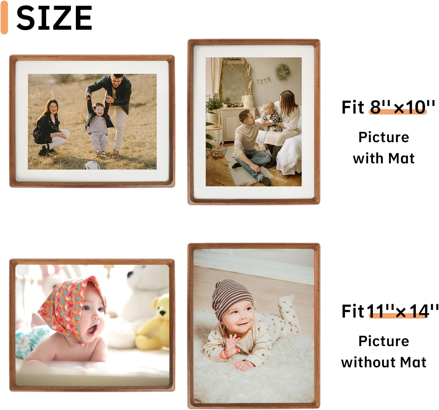 11x14 Picture Frame Set of 2 Natural Wood Photo Frames Display Pictures 8x10 with Mat or 11x14 without Mat Multi Photo Frames Collage for Wall or Tabletop Decor