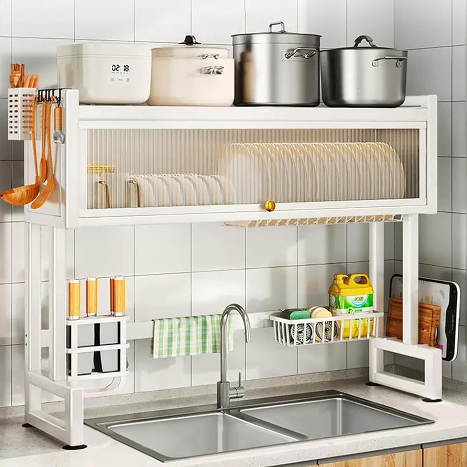 Over the Sink Dish Drainer Drying Rack 3 Tier Over Sink Dish rack for a Tidy Kitchen Sink Shelf Organized Space-Saving Dish Rack with Cover for Dishes, Glasses, Bowls, and Cutlery