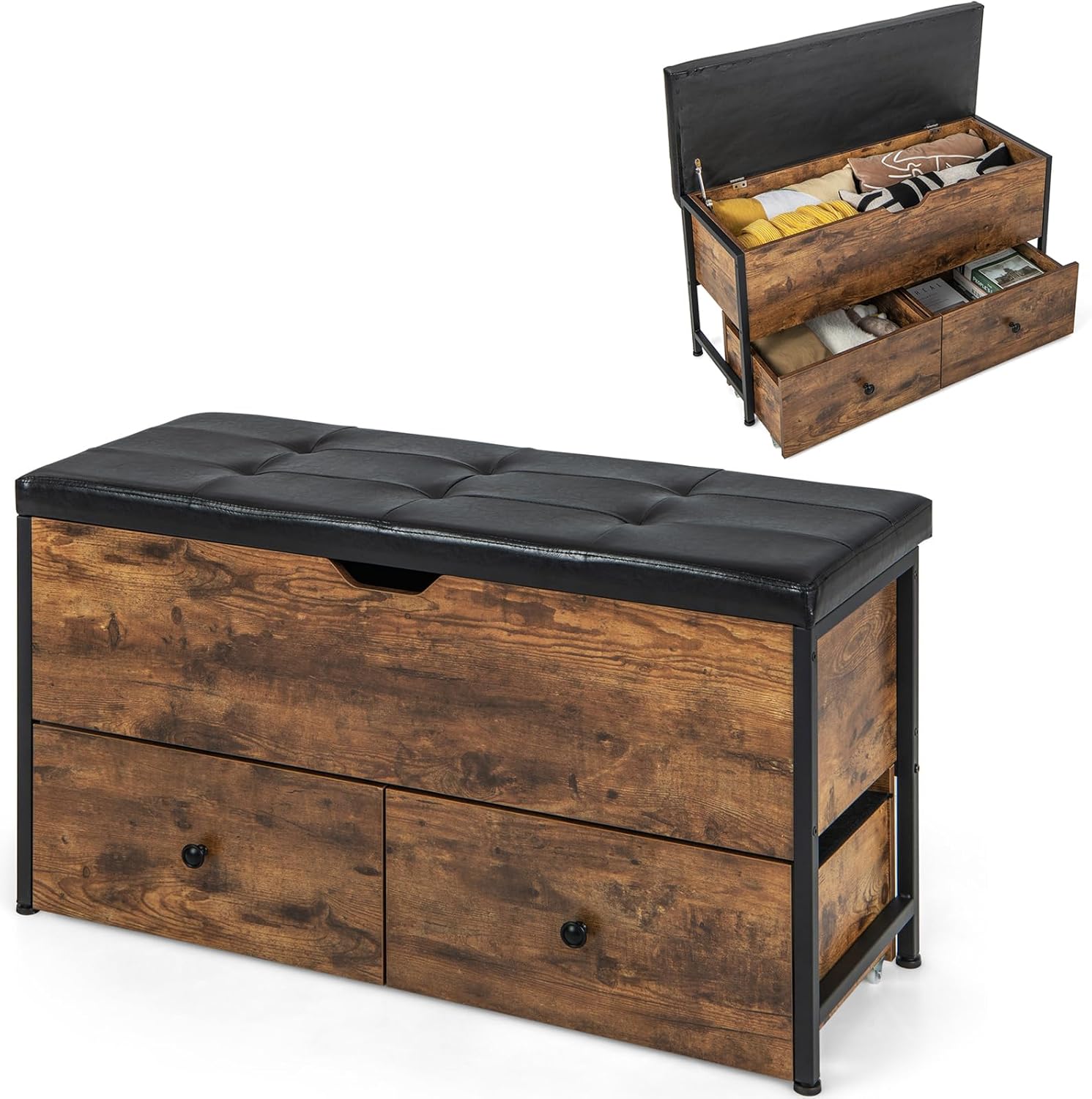 Giantex Storage Chest Bench - Storage Trunk with 2 Rolling Drawers, Flip Top Padded Seat, Supports 330lbs, Wooden Storage Ottoman End of Bed Bench for Entryway Living Room Bedroom