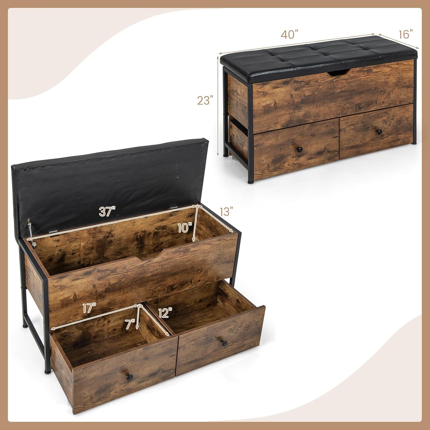 Giantex Storage Chest Bench - Storage Trunk with 2 Rolling Drawers, Flip Top Padded Seat, Supports 330lbs, Wooden Storage Ottoman End of Bed Bench for Entryway Living Room Bedroom