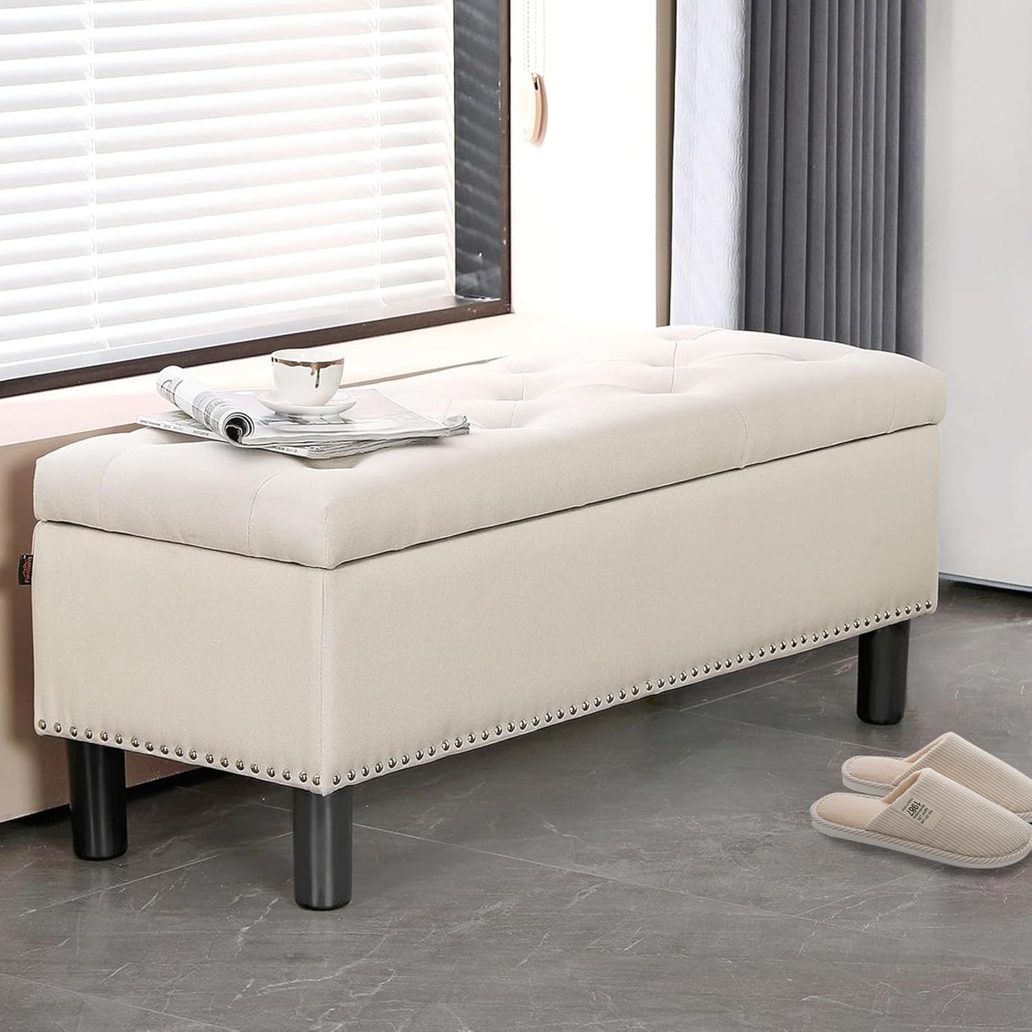 Furnimart Storage Bedroom Bench for End of Bed, Faux Linen Upholstered Storage Ottoman with Rolled Arms for Bedroom,Living Room, Entryway, 2.5Cubic Feet