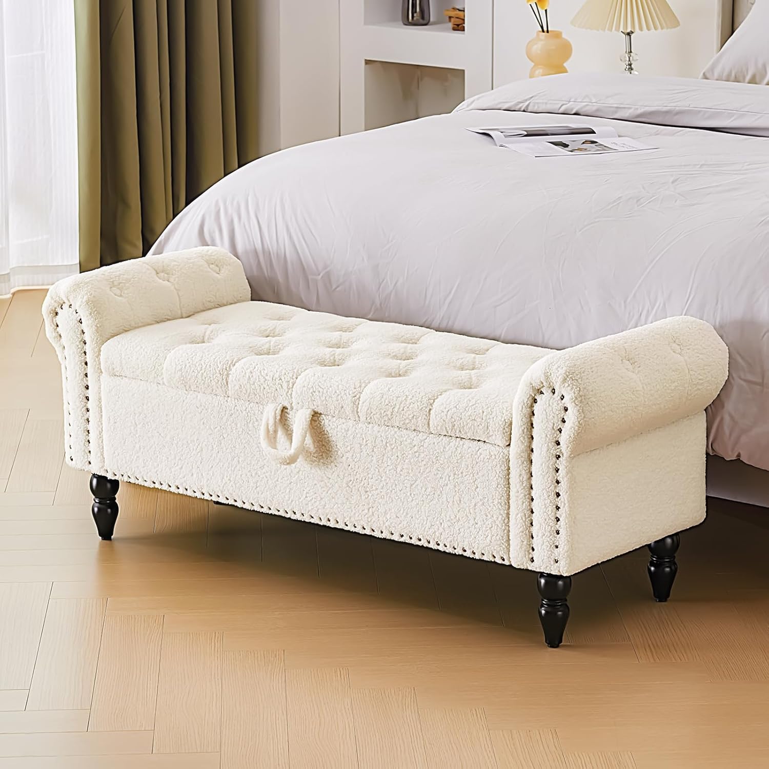 Furnimart Storage Bedroom Bench for End of Bed, Faux Linen Upholstered Storage Ottoman with Rolled Arms for Bedroom,Living Room, Entryway, 2.5Cubic Feet