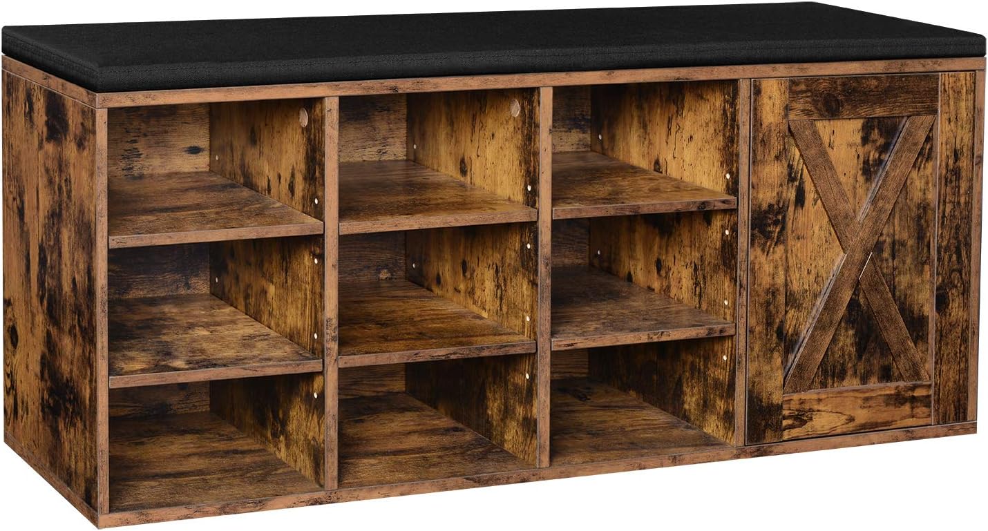 VASAGLE Entryway Storage Bench, Flip Top Storage Ottoman and Trunk with Padded Seat, Bed End Stool, Hallway Living Room Bedroom, Supports 198 lb, Industrial, Rustic Brown and Black ULSC80BX