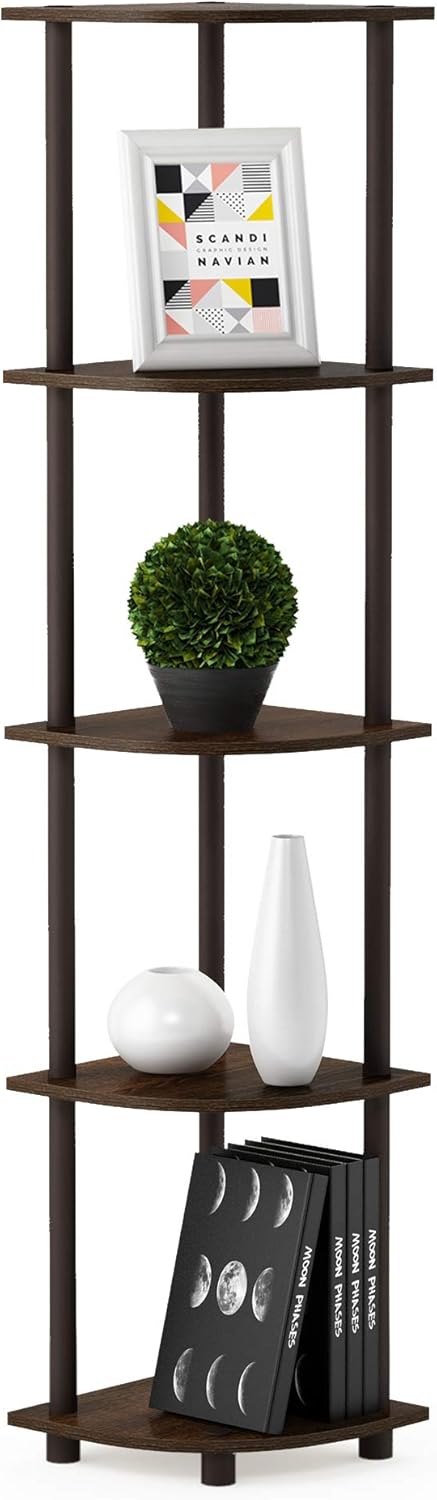 Furinno Turn-N-Tube 5 Tier Corner Display Rack Multipurpose Shelving Unit, 1-Pack, Espresso/Black