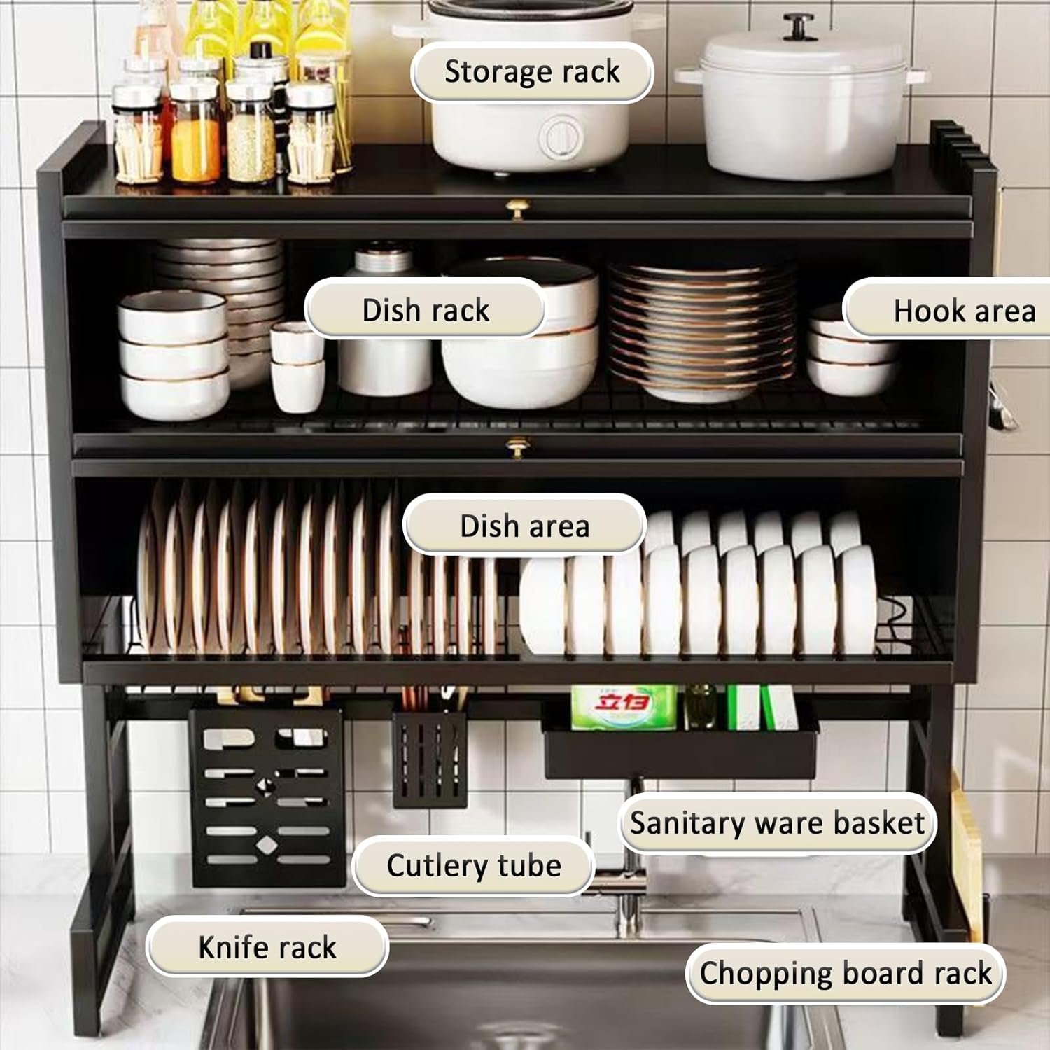 Dish Drying Rack 4 Tiers with Cover, Keep Kitchen Sink Shlef Organized Space-Saving, Large Drying Rack for Dishes, Glasses, Bowls, Cutlery black W-37.4in