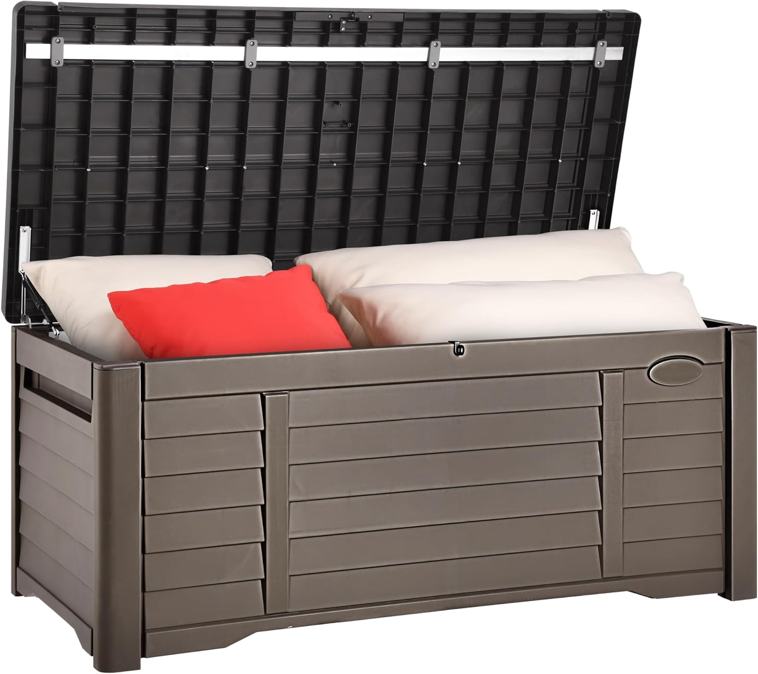 YITAHOME 120 Gallon Large Outdoor Storage Deck Box, Waterproof Cushion Storage Bench with Lockable Lid for Patio, Pool Supplies, Garden Tools, Resin, Black & Brown