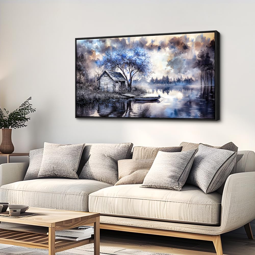 ERQINHUA Large Wall Art For Living Room Canvas Home Wall Decor For Office Bedroom Dining Room Wall Pictures Blue Tree Lakeside Landscape Painting Modern Art Print Beach Posters 24"x48" Black Frame