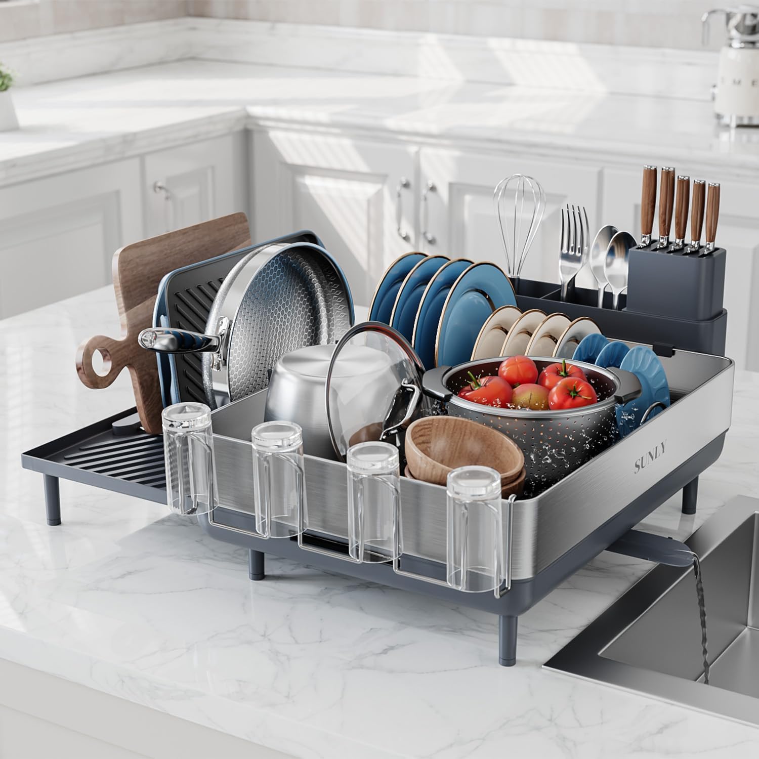 SUNLY Large Dish Drying Rack, Expandable Dish Racks for Kitchen Counter, Space Saving 304 Stainless Steel Drying Rack Kitchen, Extra Large Drainer with Multifunctional Flip Up Pegs, Black