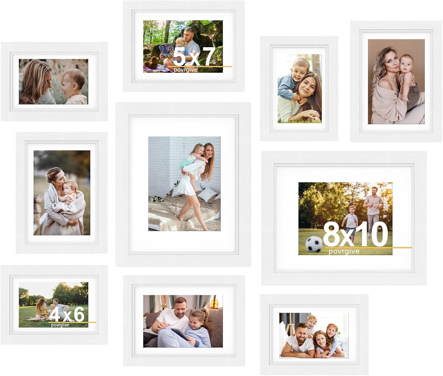 10 Pack Picture Frames Collage Wall Decor - Gallery Wall Frame Set with Mat for Wall Mounting or Tabletop Display, Including Two 8x10, Four 5x7, Four 4x6 Photo Frames, Real Glass