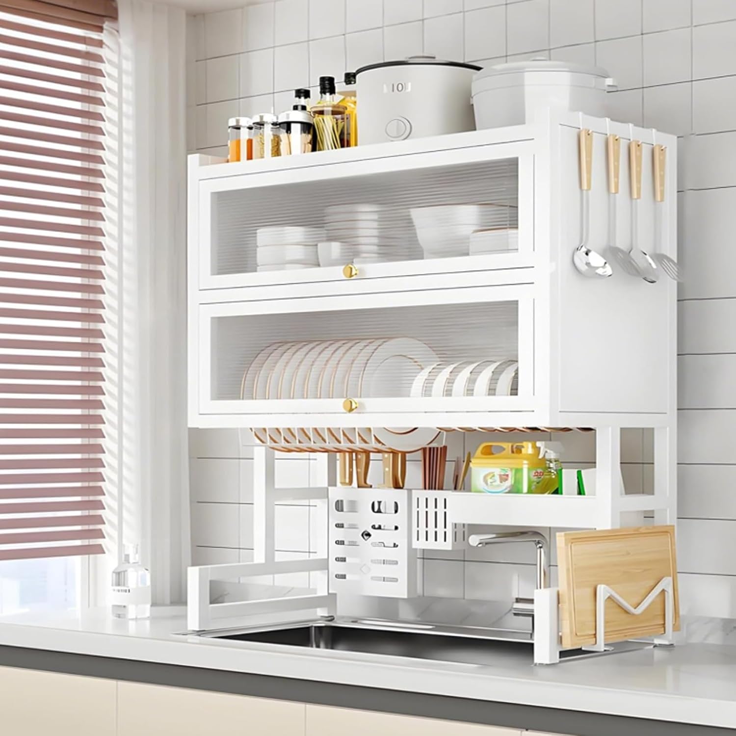 Large 3-Tier Over Sink Dish Drying Rack with Flip-top Door,Kitchen Counter Utensil Holder Organizers Space-Saving,Multifunctional Metal Counter Shelf,for Plates Bowl(White,65cm/25.6in)