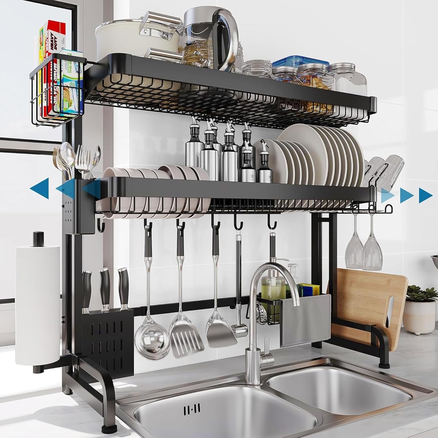 Over The Sink Dish Drying Rack,3 Tier Adjustable Length Full Stainless Steel Large Storage Kitchen Dish Rack,for Kitchen Counter Expandable Multifunctional Organizers,Silver (25.5'' to 37.6'')