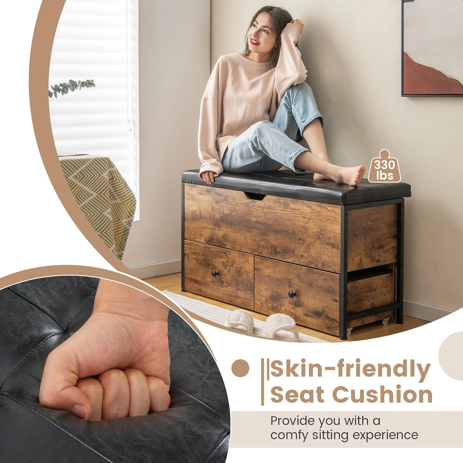 Giantex Storage Chest Bench - Storage Trunk with 2 Rolling Drawers, Flip Top Padded Seat, Supports 330lbs, Wooden Storage Ottoman End of Bed Bench for Entryway Living Room Bedroom