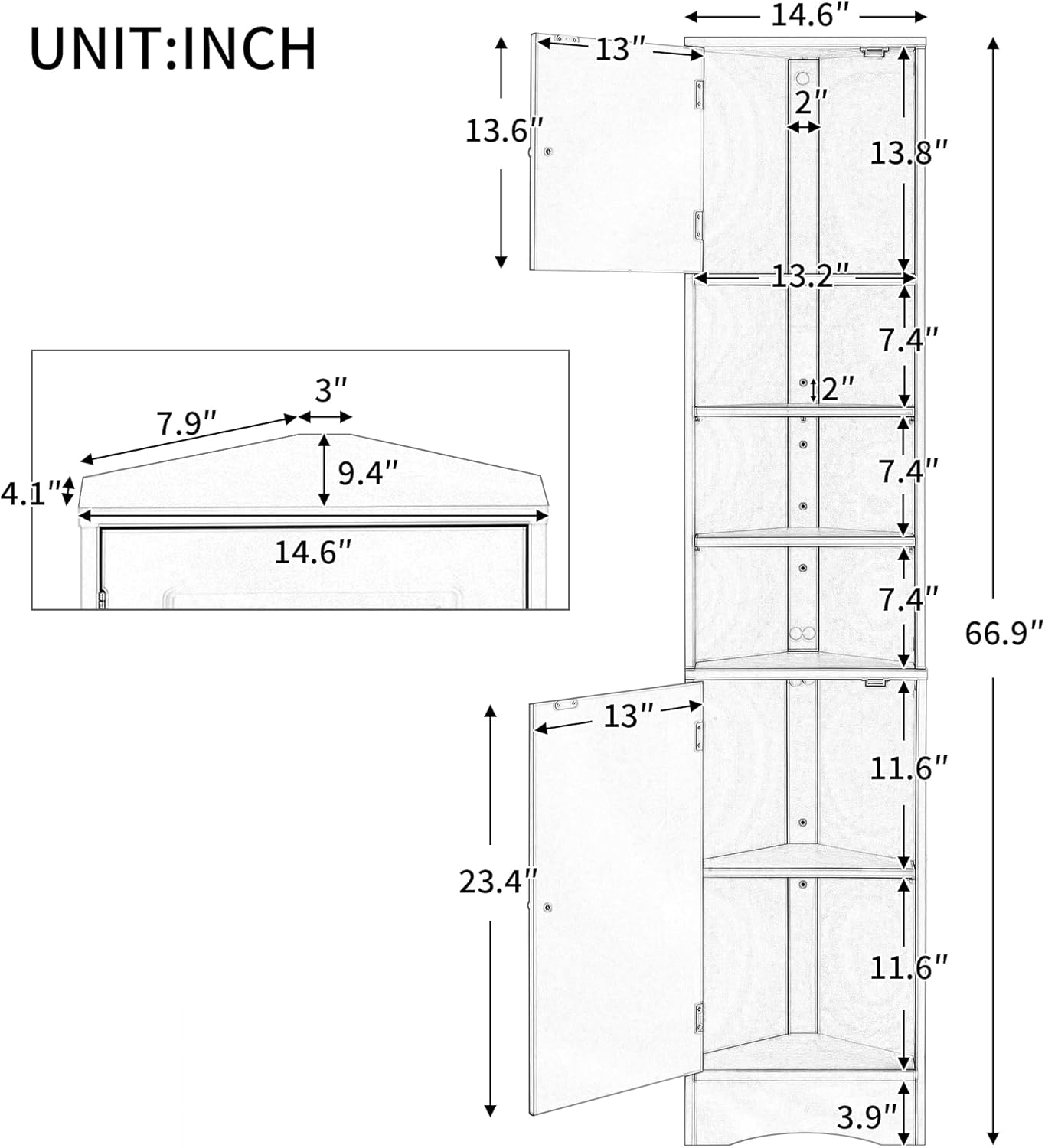 Tall Corner Cabinet for Bathroom - Narrow Space Saving Storage with Doors & Adjustable Shelves,Freestanding for Bathroom (White + Medium Density Fiberboard)