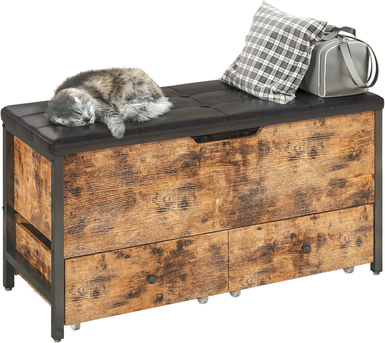 LIKIMIO Storage Bench, Wooden Box with Flip Top Storage Chest and Drawers for Bedroom/Living Room/Entryway, Supports 320 lb, Vintage Brown and Black