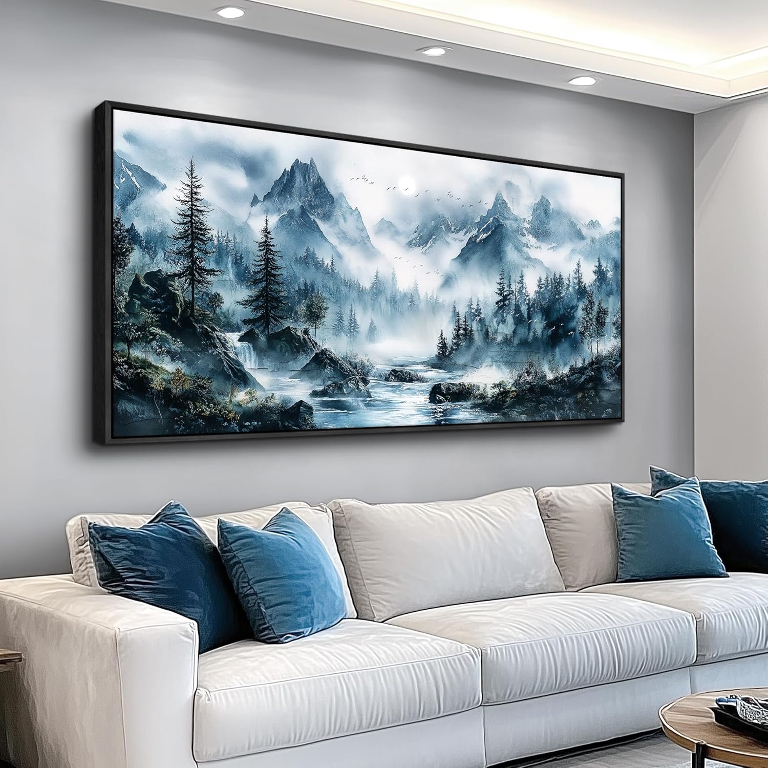 ERQINHUA Large Wall Art For Living Room Canvas Home Wall Decor For Office Bedroom Dining Room Wall Pictures Blue Tree Lakeside Landscape Painting Modern Art Print Beach Posters 24"x48" Black Frame