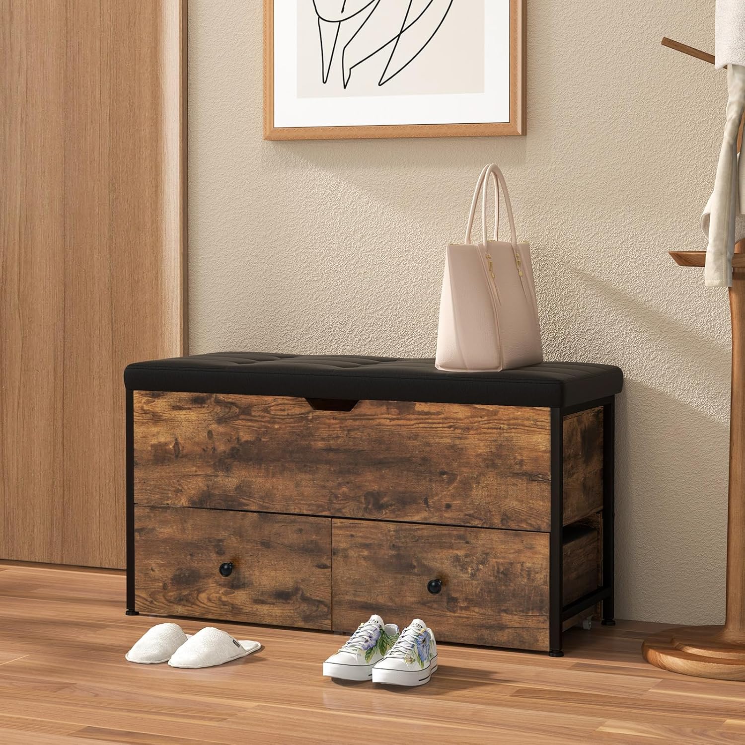 Giantex Storage Chest Bench - Storage Trunk with 2 Rolling Drawers, Flip Top Padded Seat, Supports 330lbs, Wooden Storage Ottoman End of Bed Bench for Entryway Living Room Bedroom