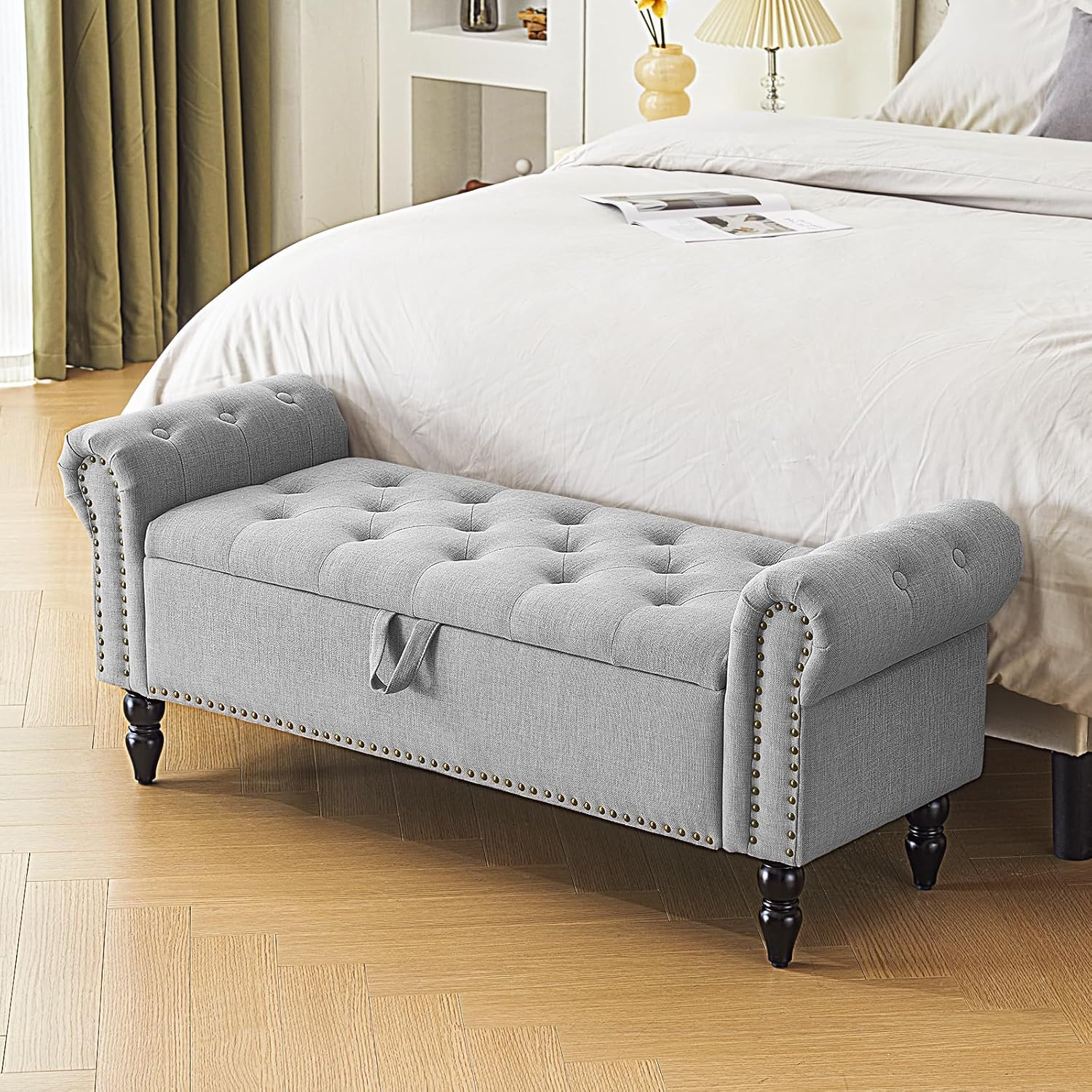 Furnimart Storage Bedroom Bench for End of Bed, Faux Linen Upholstered Storage Ottoman with Rolled Arms for Bedroom,Living Room, Entryway, 2.5Cubic Feet