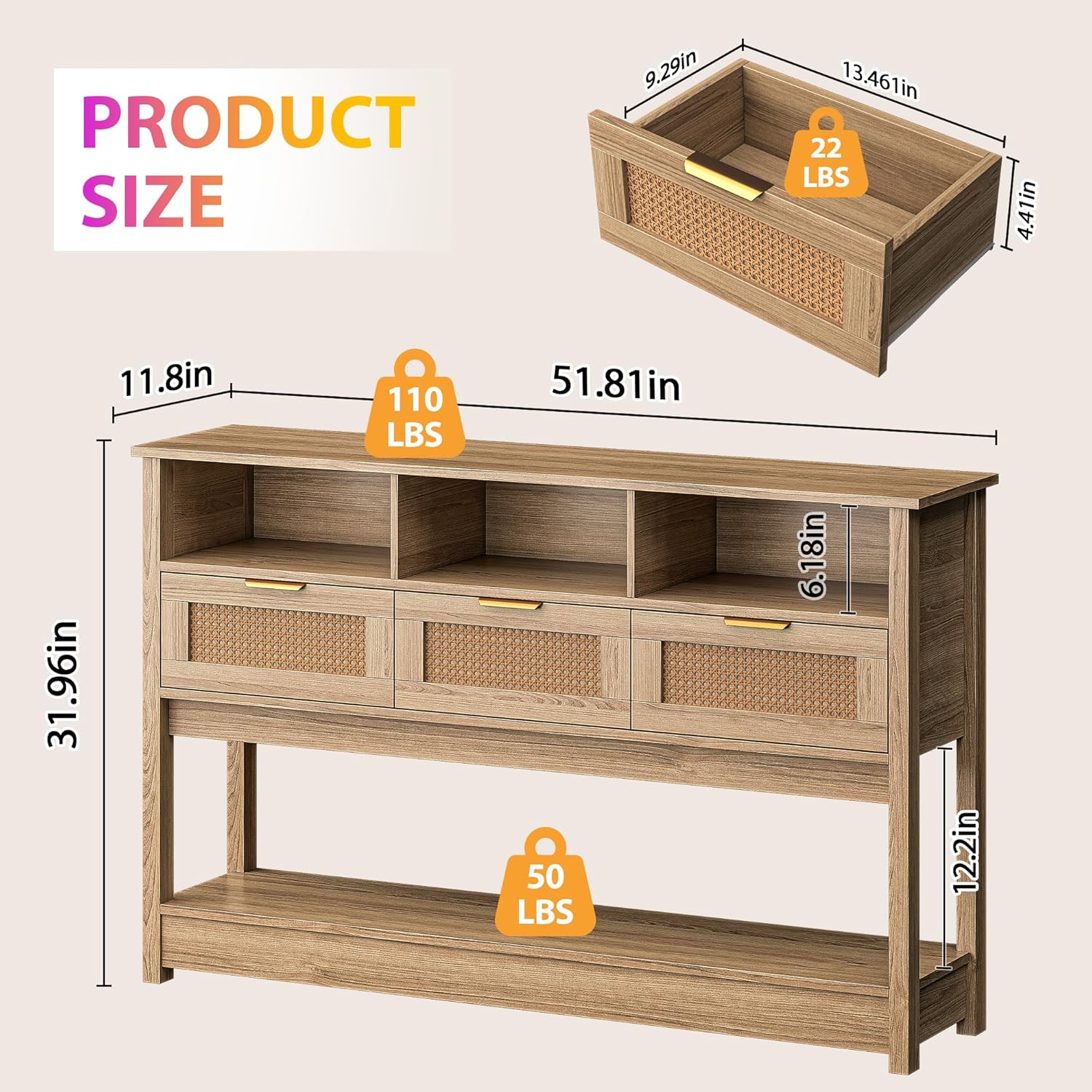 Rattan Console Table, Boho Entryway Table Sofa Table with Storage, Hallway Foyer Table Behind Couch Table, Wood Console Tables Open Storage Shelf for Living Room, Hallway, Brown