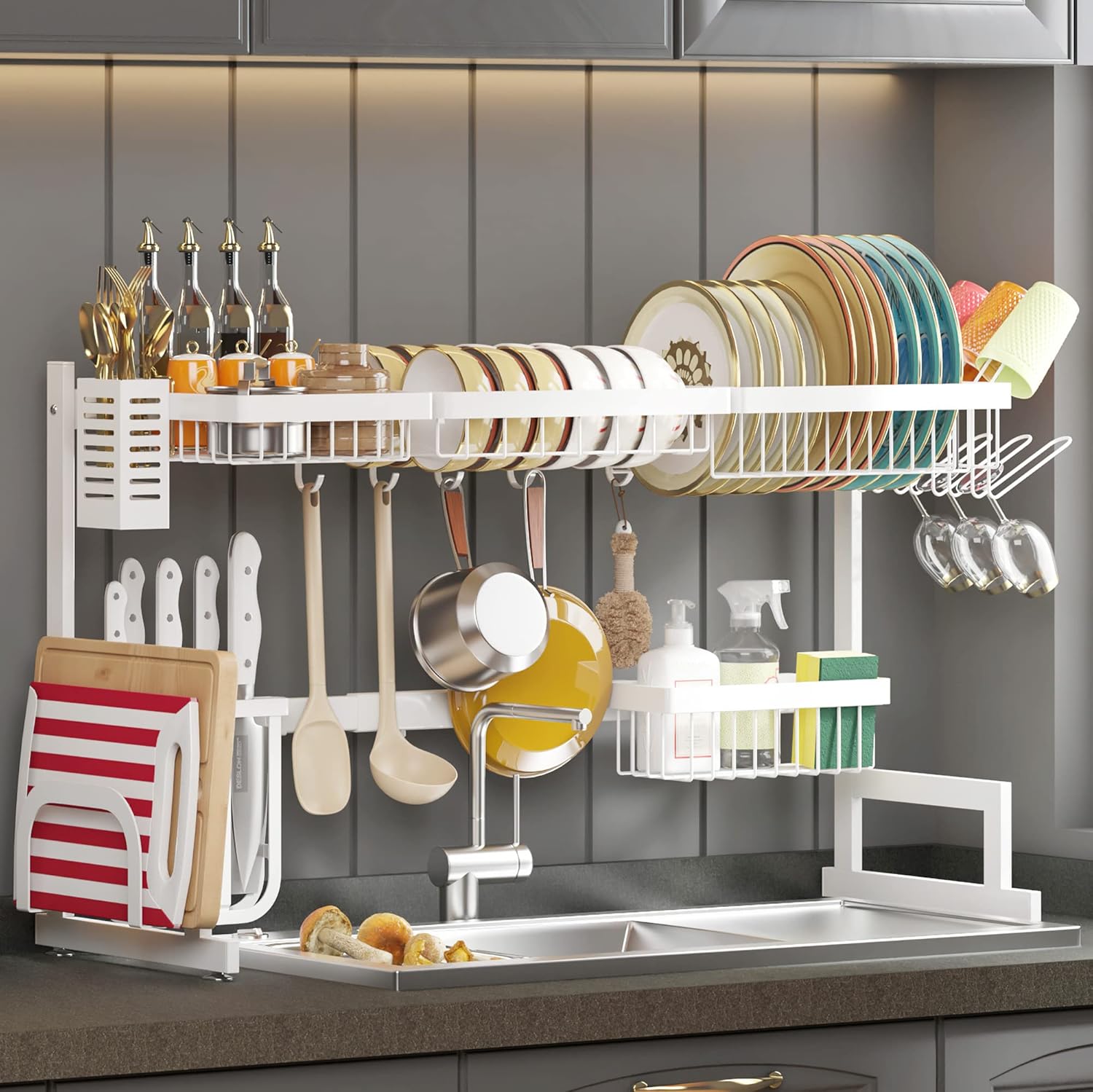 PUSDON Over Sink Dish Drying Rack Stainless Steel, Adjustable Large Dish Drainer for Storage Kitchen Organization Silver 3 Tier - Standard(34"-46")