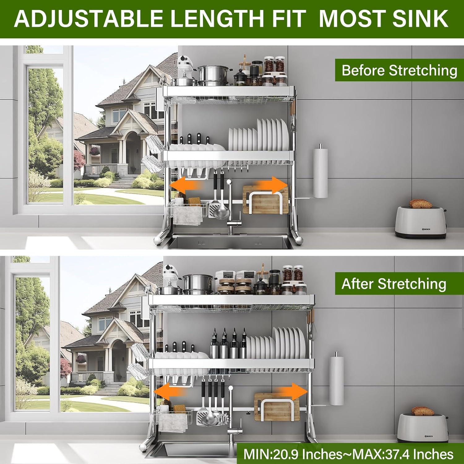 Over The Sink Dish Drainer Drying Rack 3 Tier, Full Stainless Steel Dish Drying Rack Adjustable Length 20.9''-37.4'', Kitchen Sink Shelf, Organized Space-Saving Dish Rack