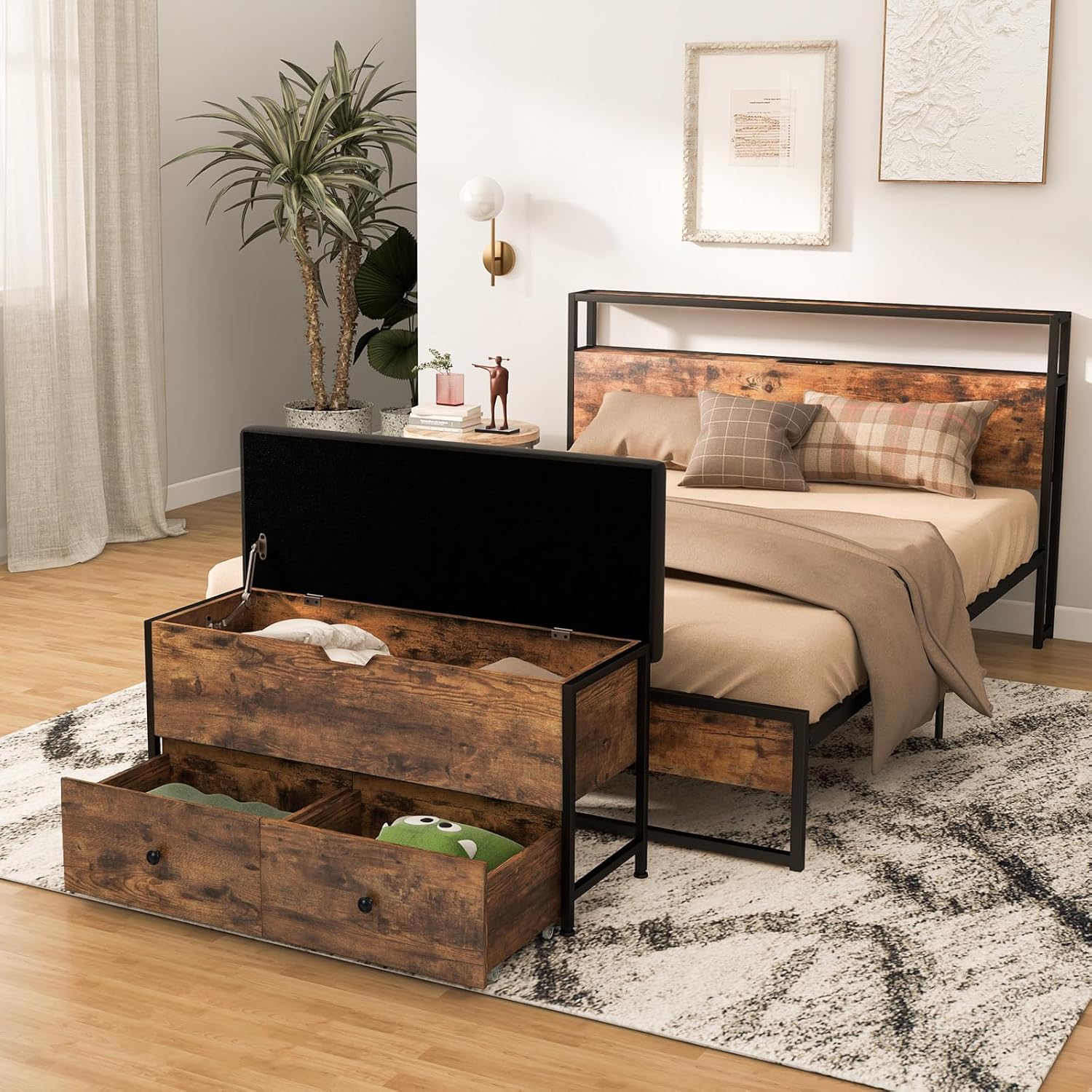 Giantex Storage Chest Bench - Storage Trunk with 2 Rolling Drawers, Flip Top Padded Seat, Supports 330lbs, Wooden Storage Ottoman End of Bed Bench for Entryway Living Room Bedroom