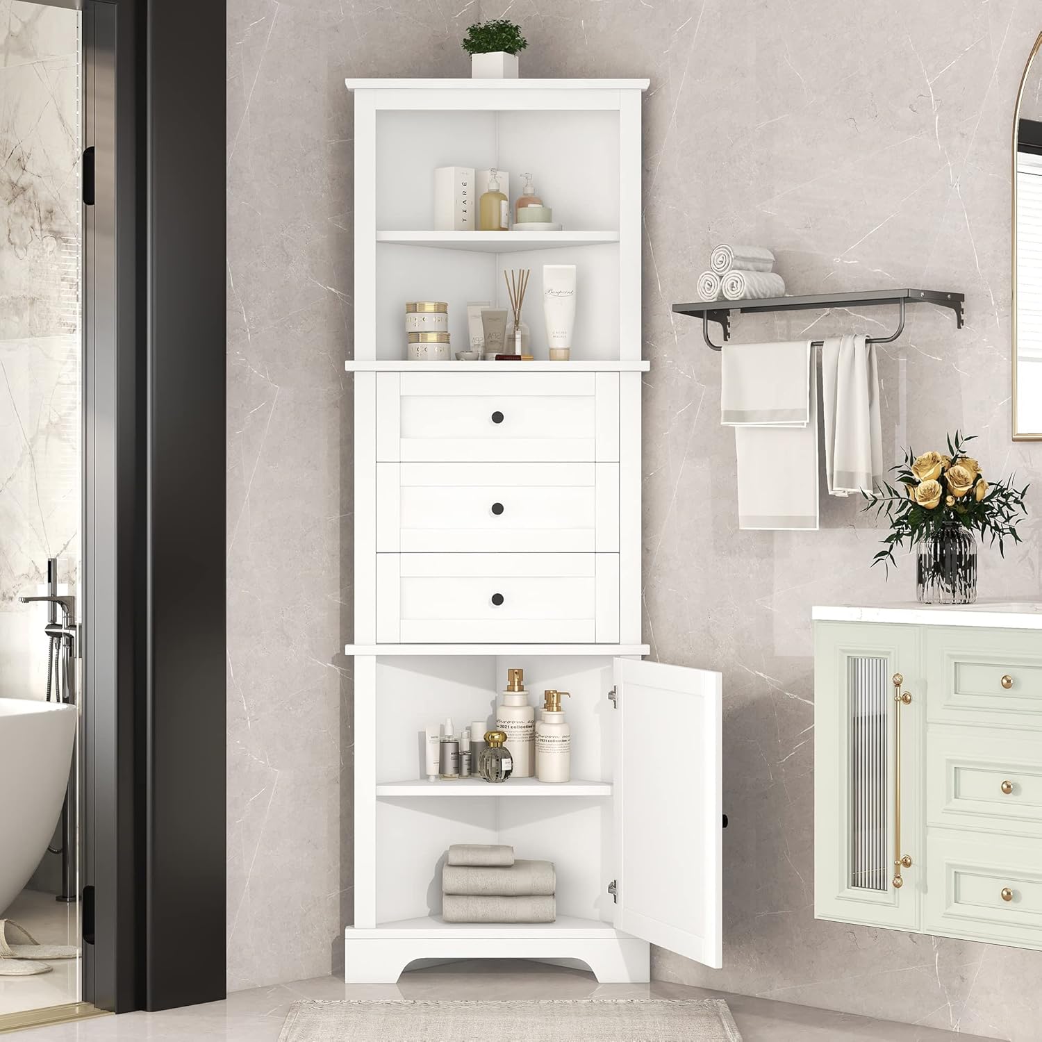 Corner Bathroom Storage Cabinet Tall, Freestanding Organizer with 3 Drawers & 2 Shelves, Narrow Floor Cabinet for Bathroom, Kitchen, Laundry Room, White Storage Shelves Unit for Small Space(Black)