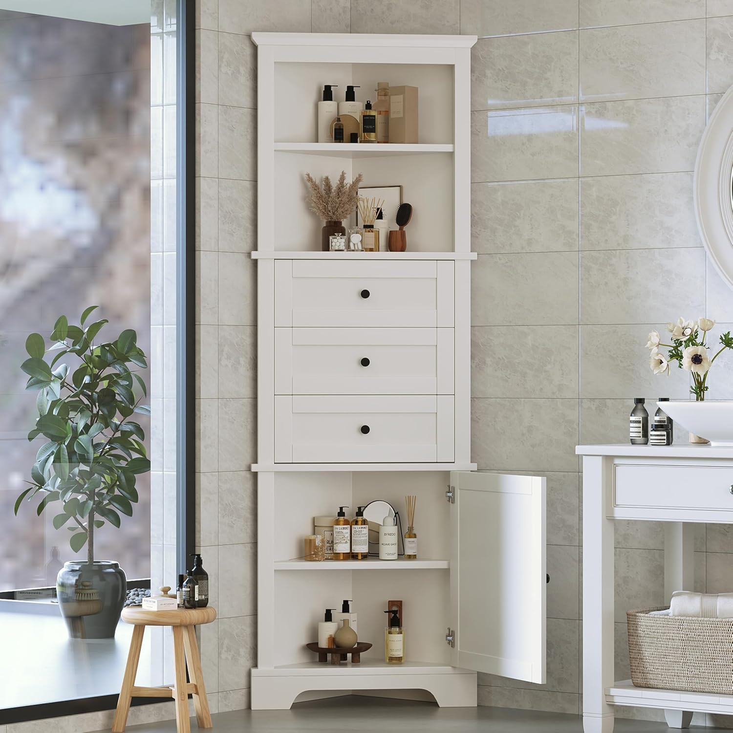 Merax Storage Corner Cabinet with 3 Drawers and Door, Tall Line Pantry Home Space Saver for Bathroom, Living Room, Kitchen, Adjustable Shelf, White