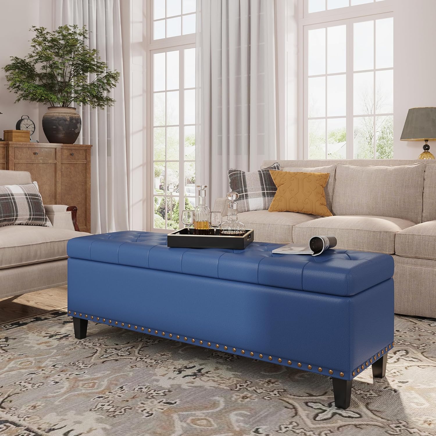 Storage Ottoman Bench, 51-Inch Large Storage Ottoman for Bedroom End of Bed, 30 Gallons Faux Leather Bench for Bedroom, Living Room, Entryway, Hallway, Grey