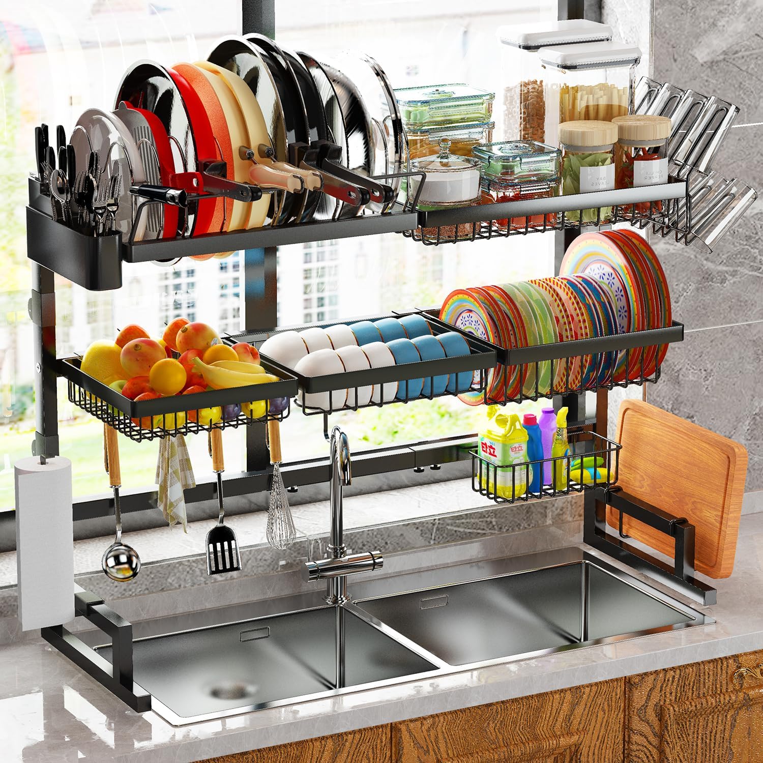 Over Sink Dish Drying Rack (Expandable Height/Length) Snap-On Design Large Dish Drainer Storage Counter Organizer (31-39.5L x 12W x 34-38H inches)