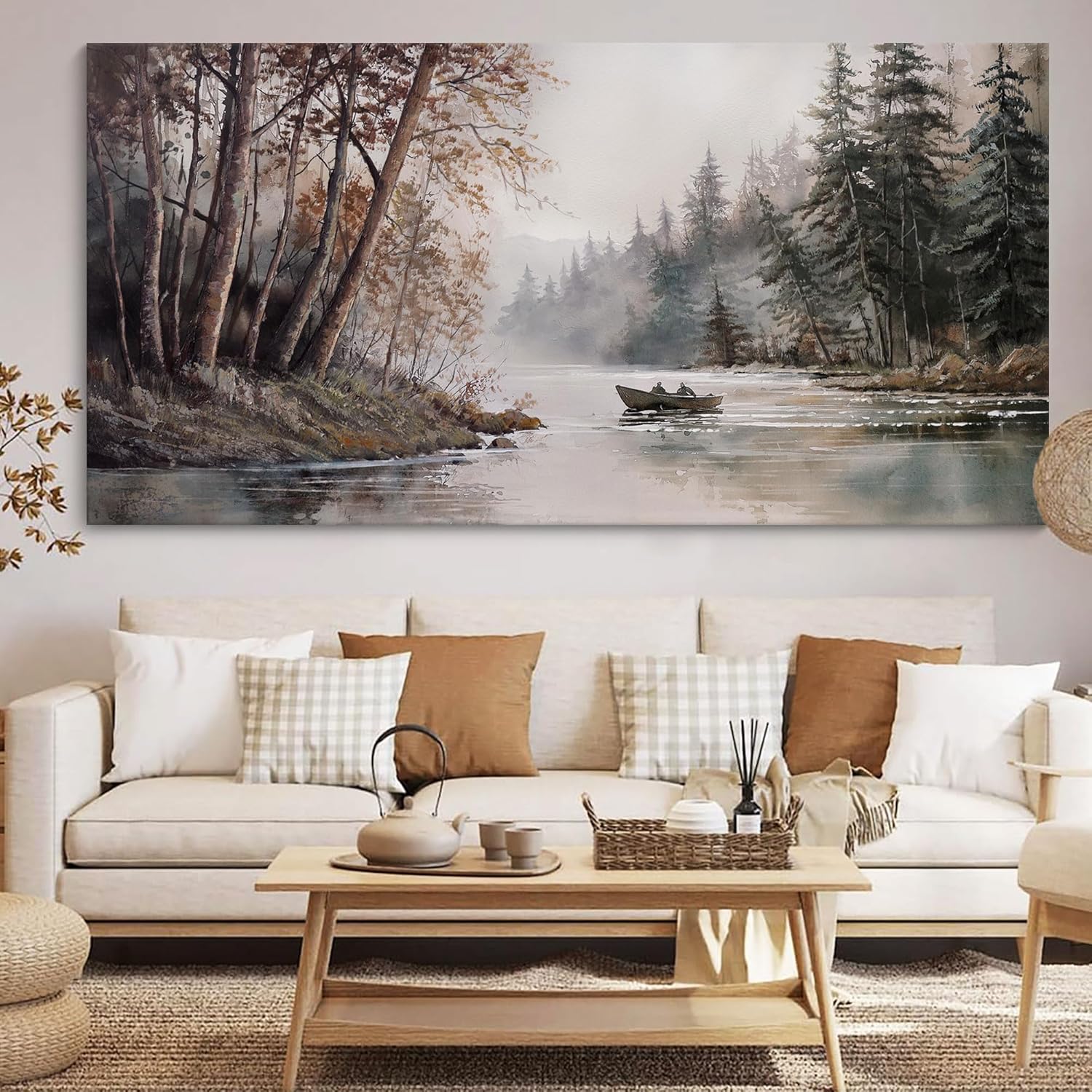 HGUAOA Vintage Landscape Wall Art for Bedroom and Living Room - Large Floral Artworks Farmhouse Wall Decor - Framed Neutral Nature Pictures - Above Bed Wall Decor with Mountain Scenery 29×58IN