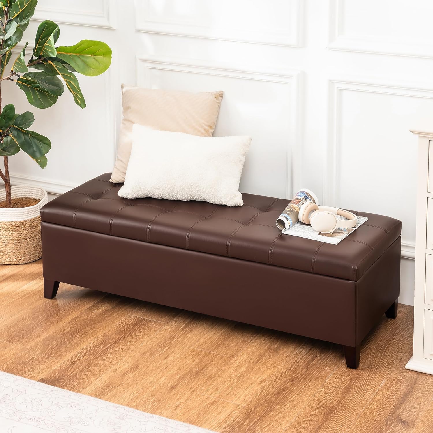 Joveco Storage Ottoman Bench, 51 Inch Leather Tufted Bench for End of Bed, Bedroom, Living Room, Dark Brown