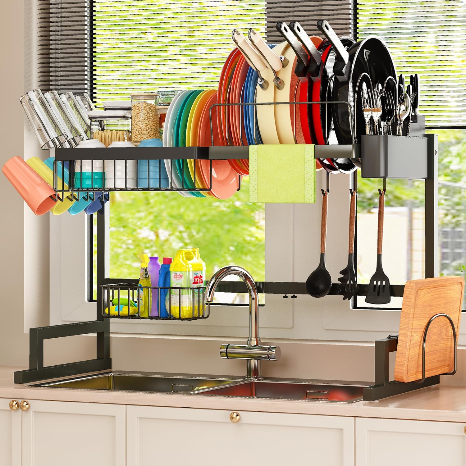 Over Sink Dish Drying Rack (Expandable Height/Length) Snap-On Design Large Dish Drainer Storage Counter Organizer (31-39.5L x 12W x 34-38H inches)