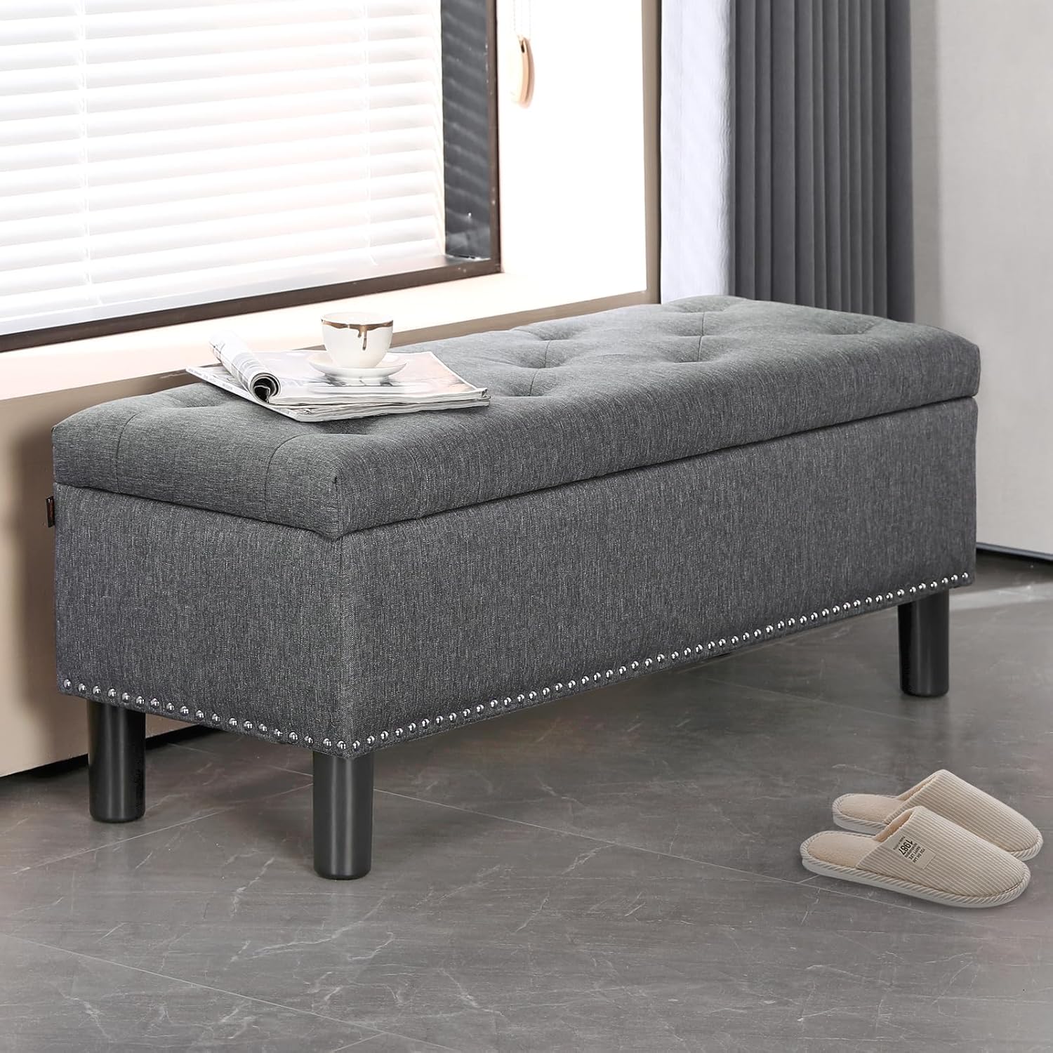 Furnimart Storage Bedroom Bench for End of Bed, Faux Linen Upholstered Storage Ottoman with Rolled Arms for Bedroom,Living Room, Entryway, 2.5Cubic Feet