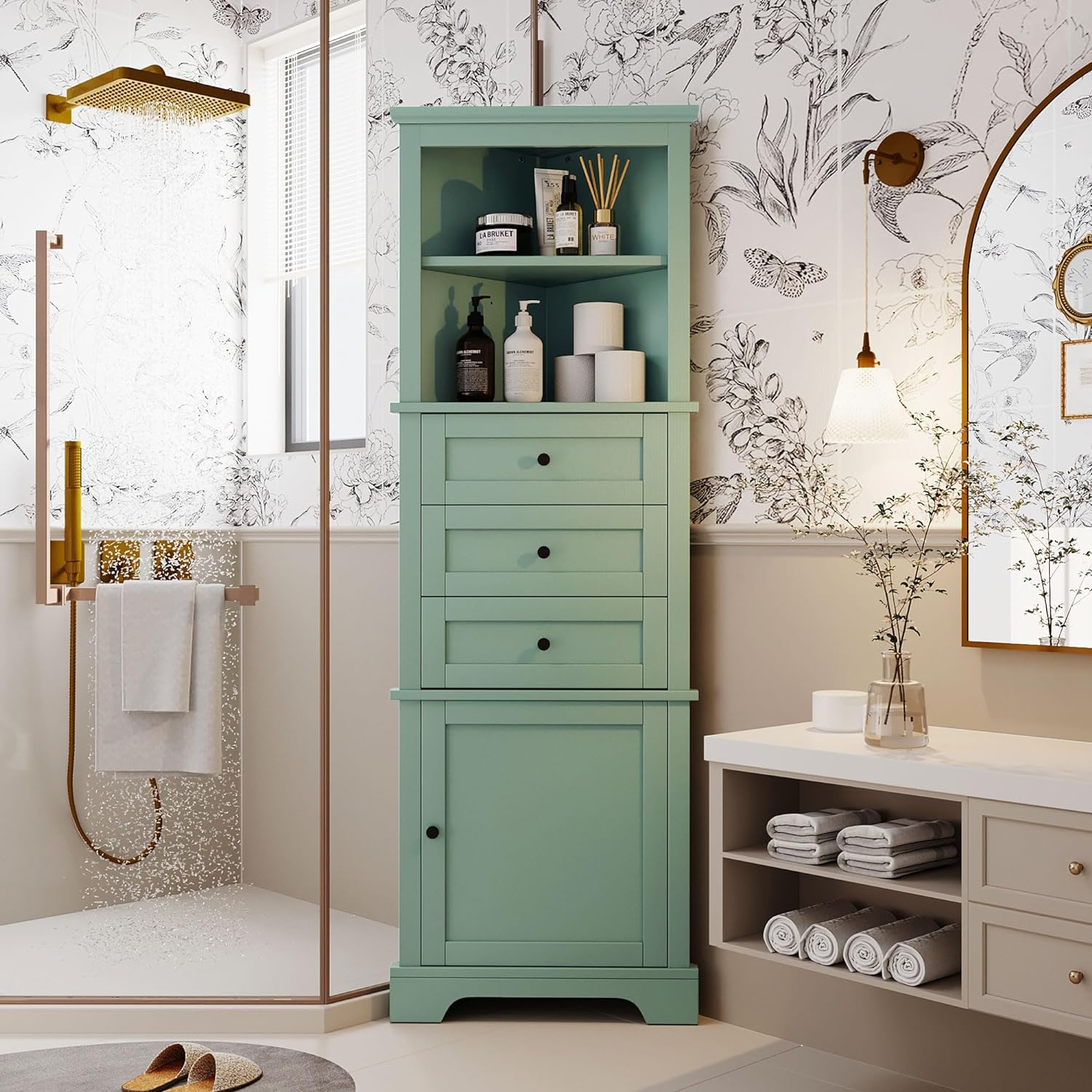 Corner Bathroom Storage Cabinet Tall, Freestanding Organizer with 3 Drawers & 2 Shelves, Narrow Floor Cabinet for Bathroom, Kitchen, Laundry Room, White Storage Shelves Unit for Small Space(Black)