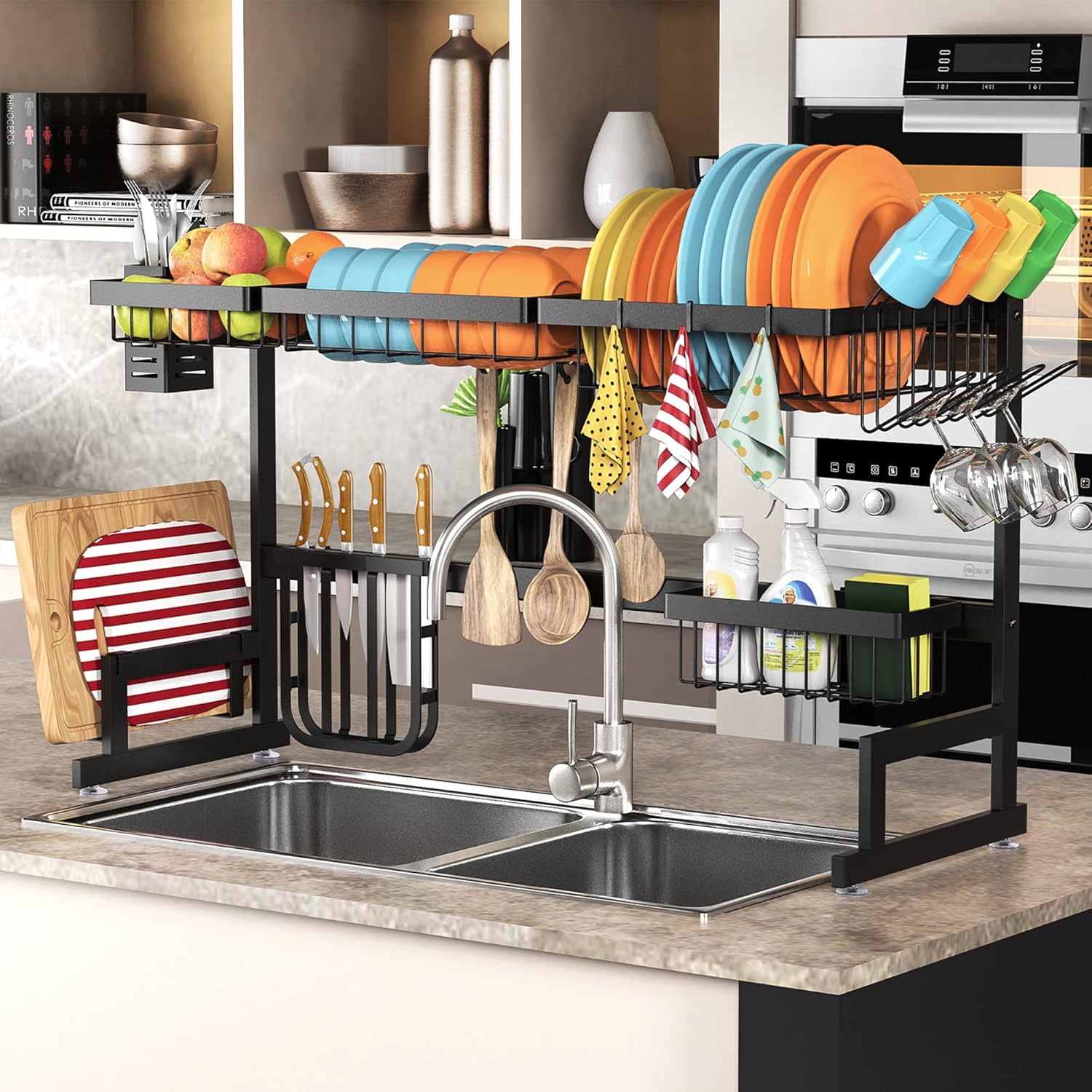 PUSDON Over Sink Dish Drying Rack Stainless Steel, Adjustable Large Dish Drainer for Storage Kitchen Organization Silver 3 Tier - Standard(34"-46")