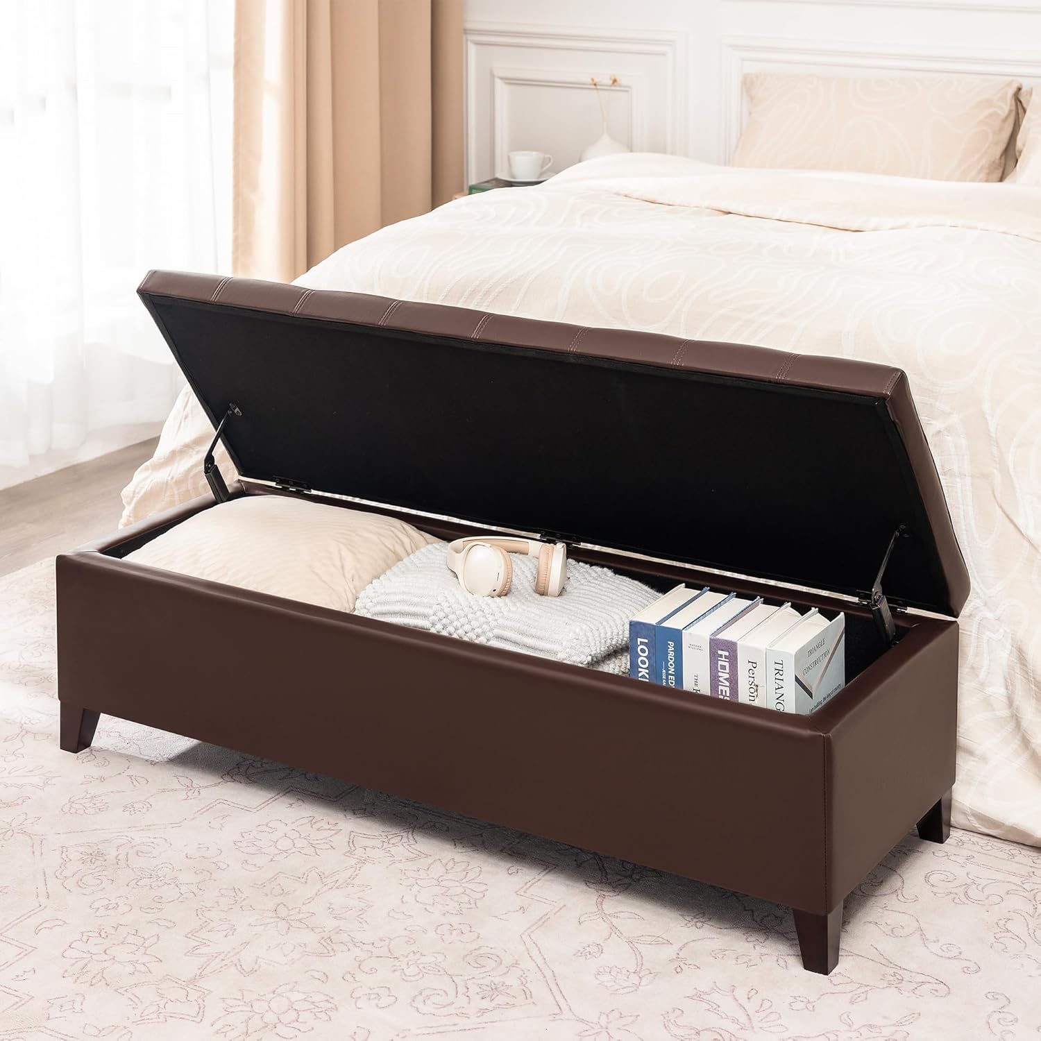 Joveco Storage Ottoman Bench, 51 Inch Leather Tufted Bench for End of Bed, Bedroom, Living Room, Dark Brown