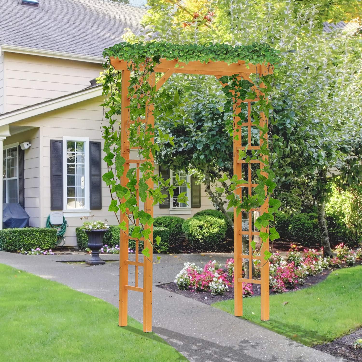 Outsunny 85" Wooden Garden Arbor for Wedding and Ceremony, Outdoor Garden Arch Trellis for Climbing Vines, Fir Wood, Orange
