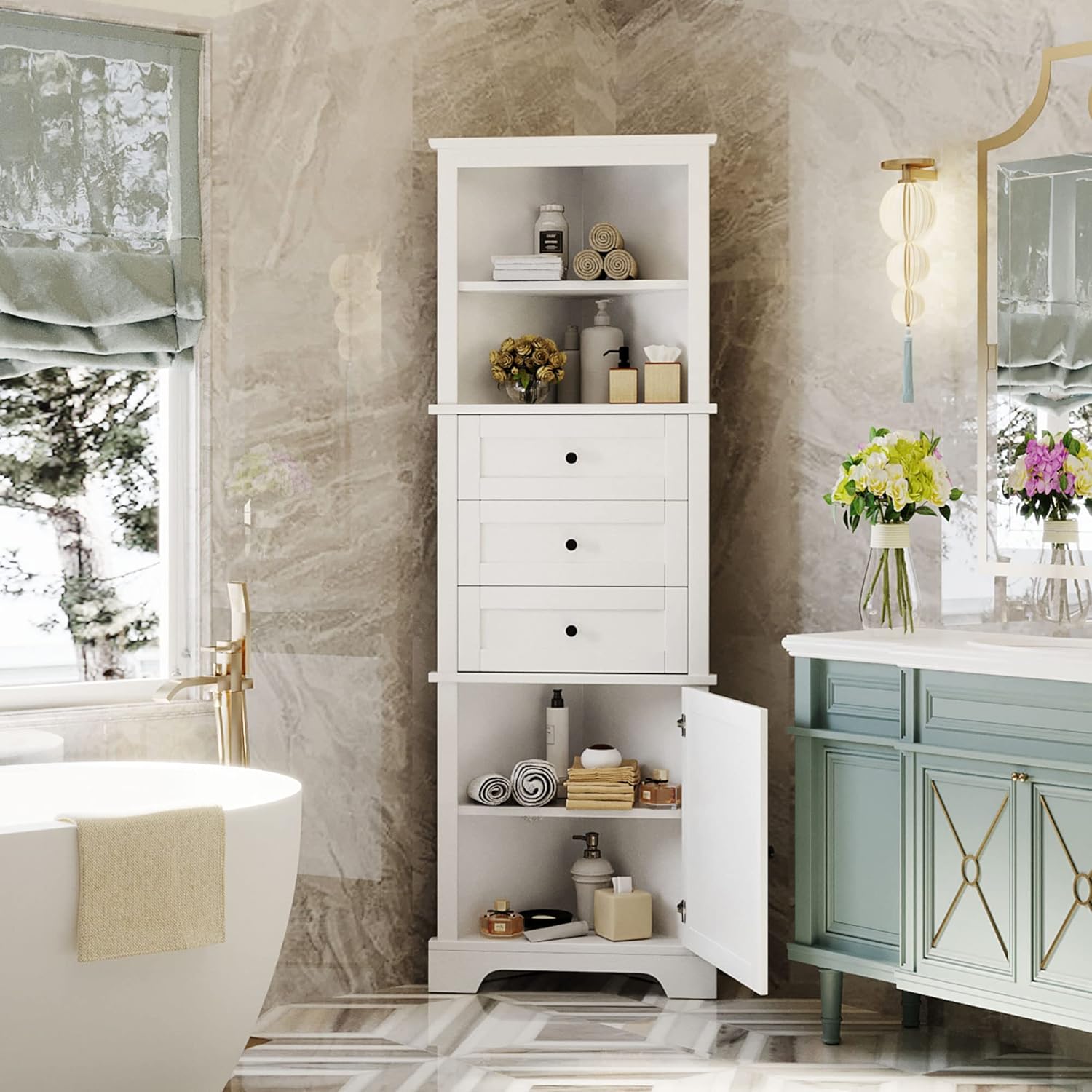 Merax Storage Corner Cabinet with 3 Drawers and Door, Tall Line Pantry Home Space Saver for Bathroom, Living Room, Kitchen, Adjustable Shelf, White