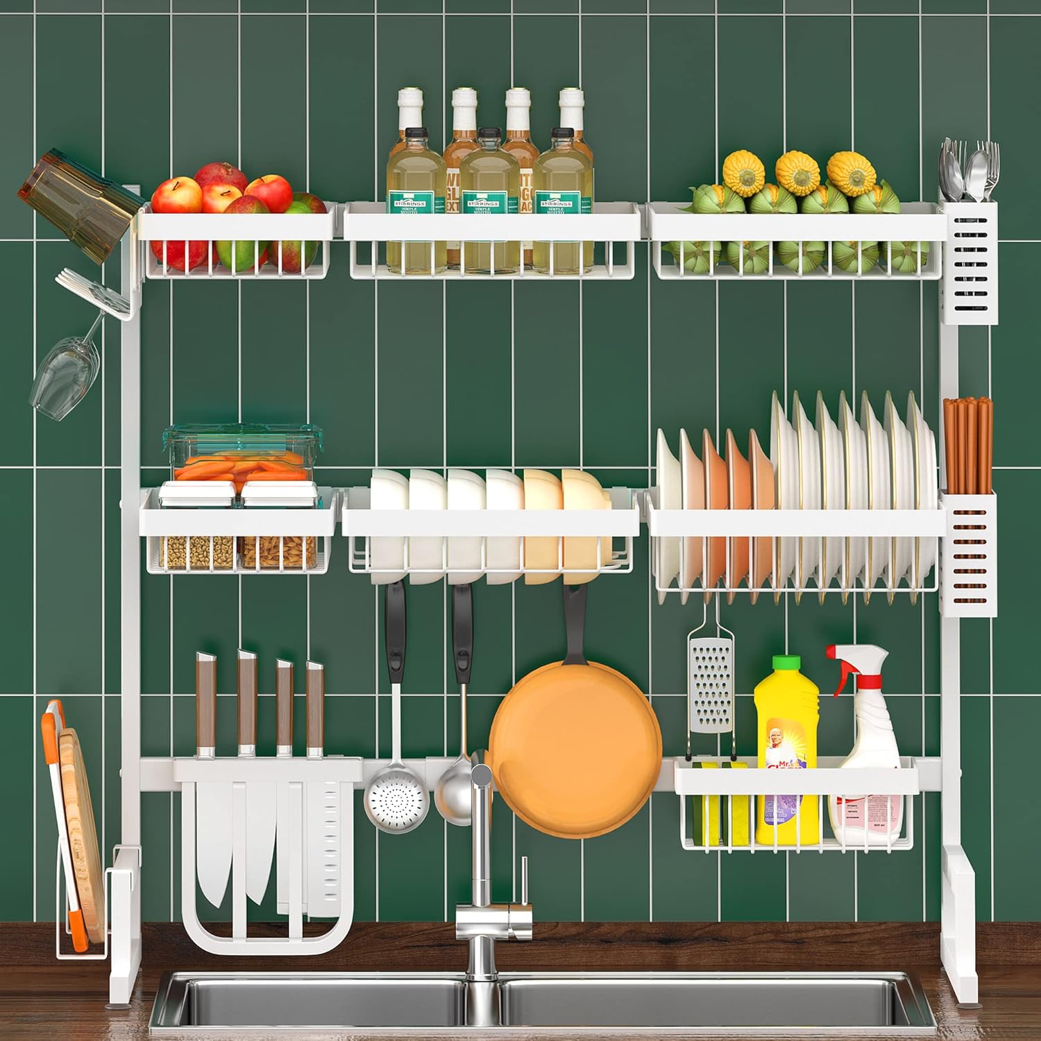 PUSDON Over Sink Dish Drying Rack Stainless Steel, Adjustable Large Dish Drainer for Storage Kitchen Organization Silver 3 Tier - Standard(34"-46")