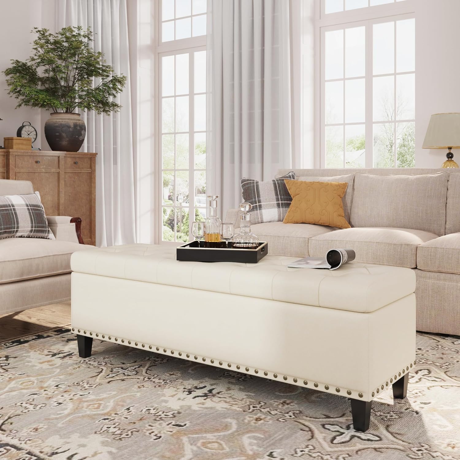 Storage Ottoman Bench, 51-Inch Large Storage Ottoman for Bedroom End of Bed, 30 Gallons Faux Leather Bench for Bedroom, Living Room, Entryway, Hallway, Grey