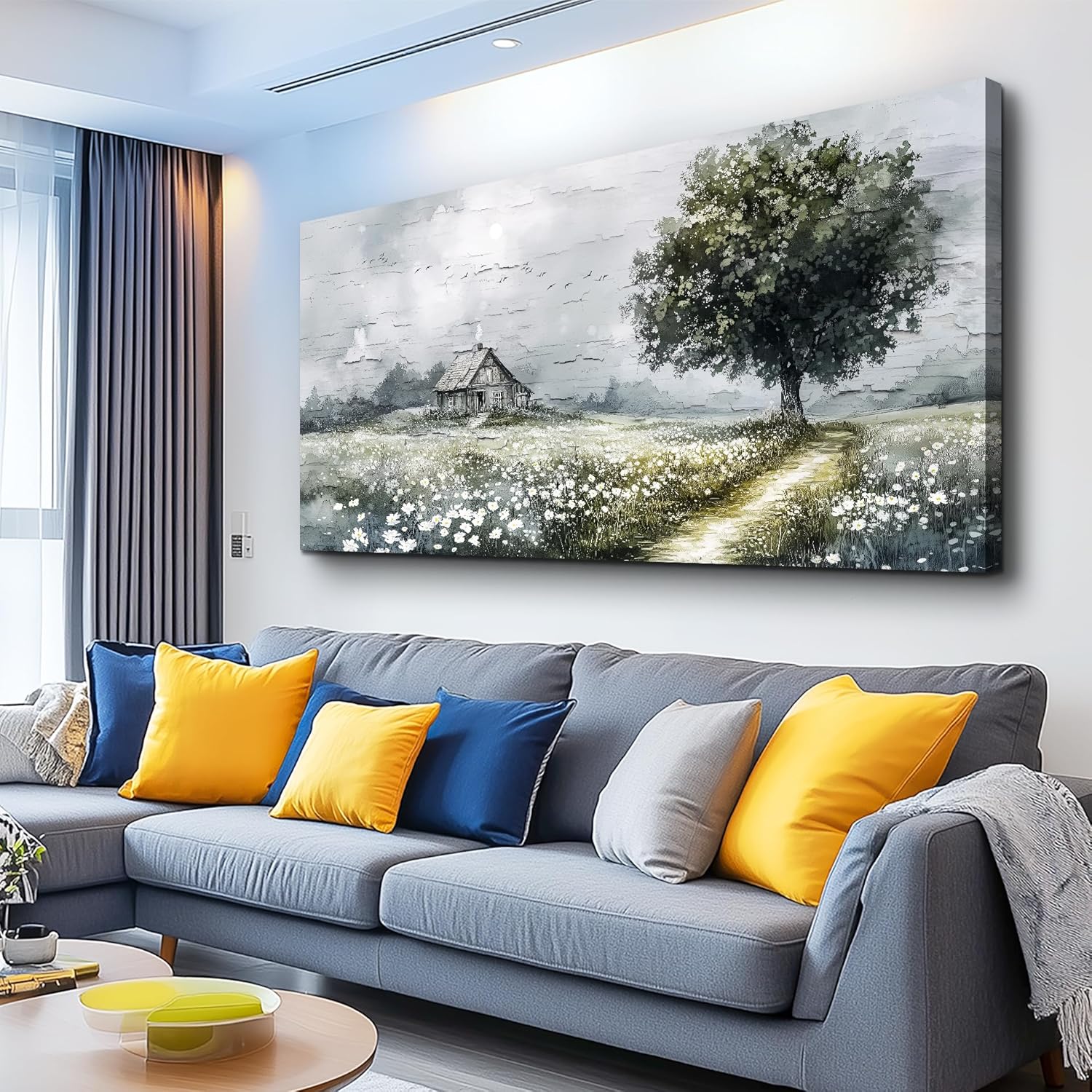 ERQINHUA Large Wall Art For Living Room Canvas Home Wall Decor For Office Bedroom Dining Room Wall Pictures Blue Tree Lakeside Landscape Painting Modern Art Print Beach Posters 24"x48" Black Frame
