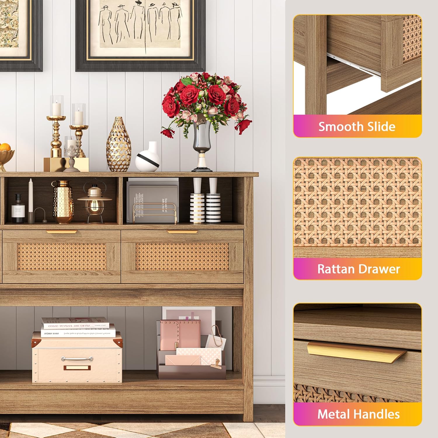 Rattan Console Table, Boho Entryway Table Sofa Table with Storage, Hallway Foyer Table Behind Couch Table, Wood Console Tables Open Storage Shelf for Living Room, Hallway, Brown