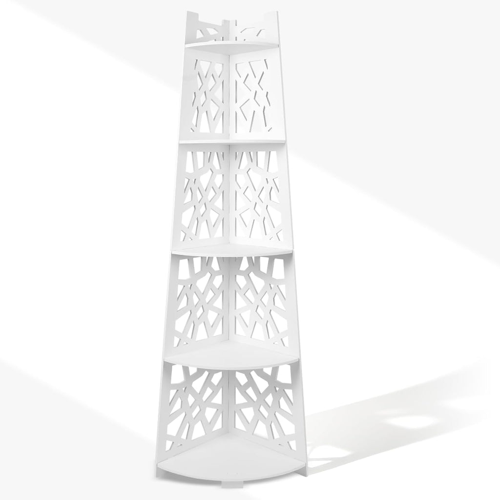 5-Tier Floor Standing Corner Shower Caddy Organizer, White WPC Bathroom Shelf Rack, Space-Saving Corner Storage for Shampoo, Body Wash, Towels